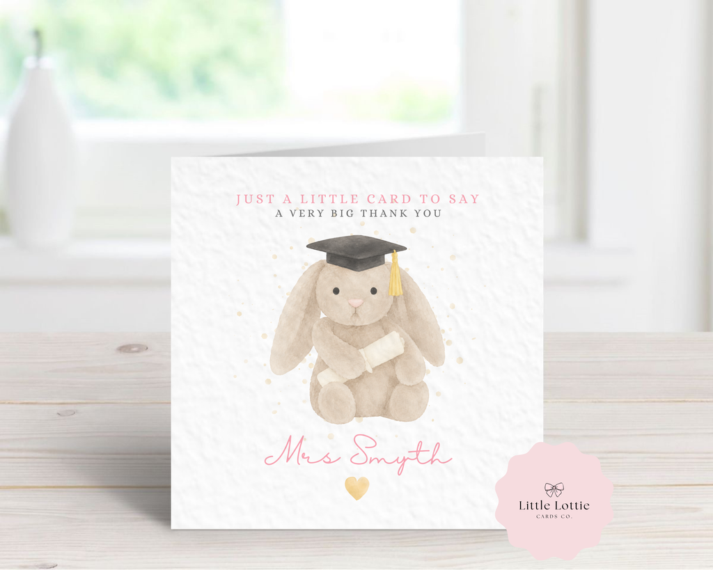 Personalised Cute Graduation Bunny Teacher Card - Pink Jellycat Inspired Design