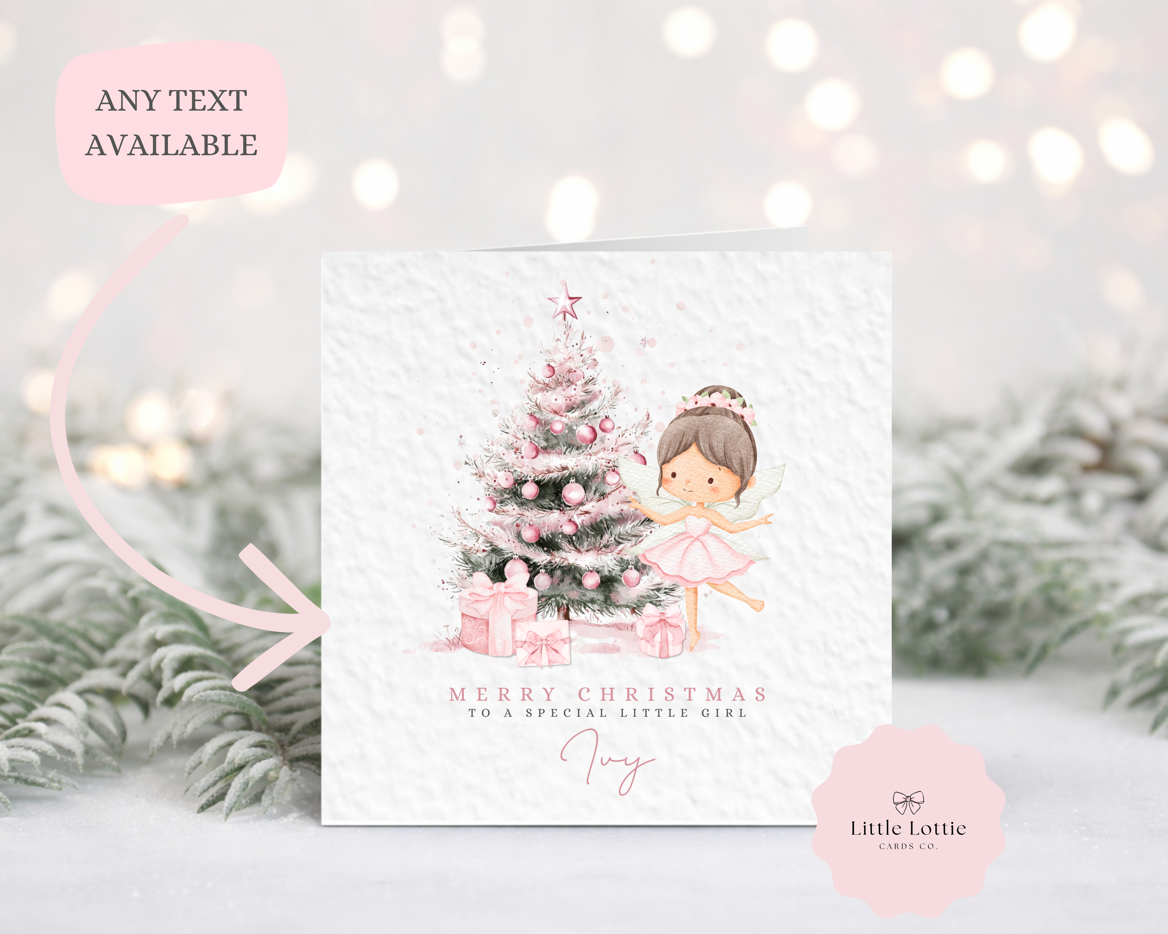 Personalised Christmas Card  - Cute Fairy & Pink Christmas Tree Illustration