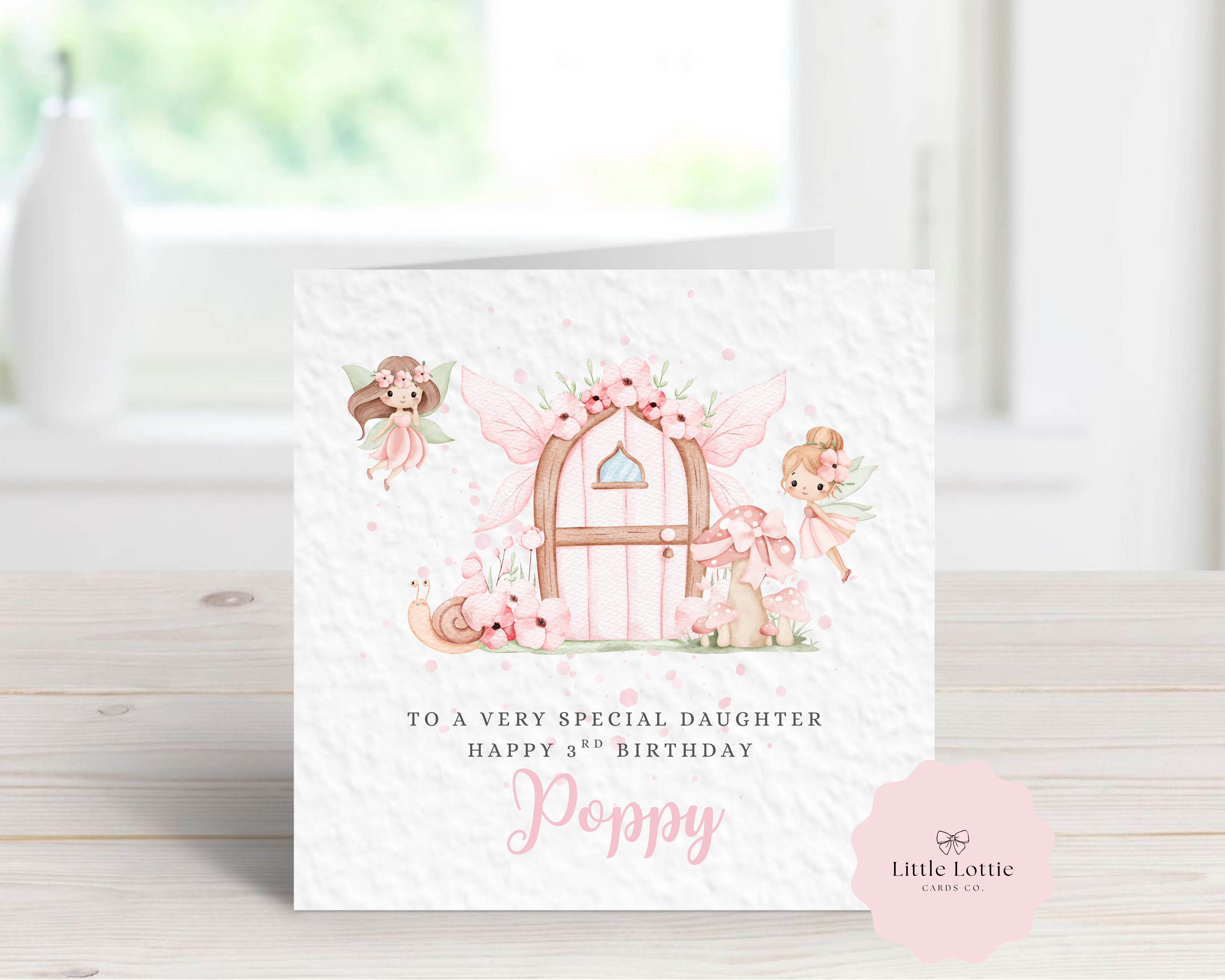Personalised Fairy Garden Birthday Card - Watercolour Fairies & Toadstool House