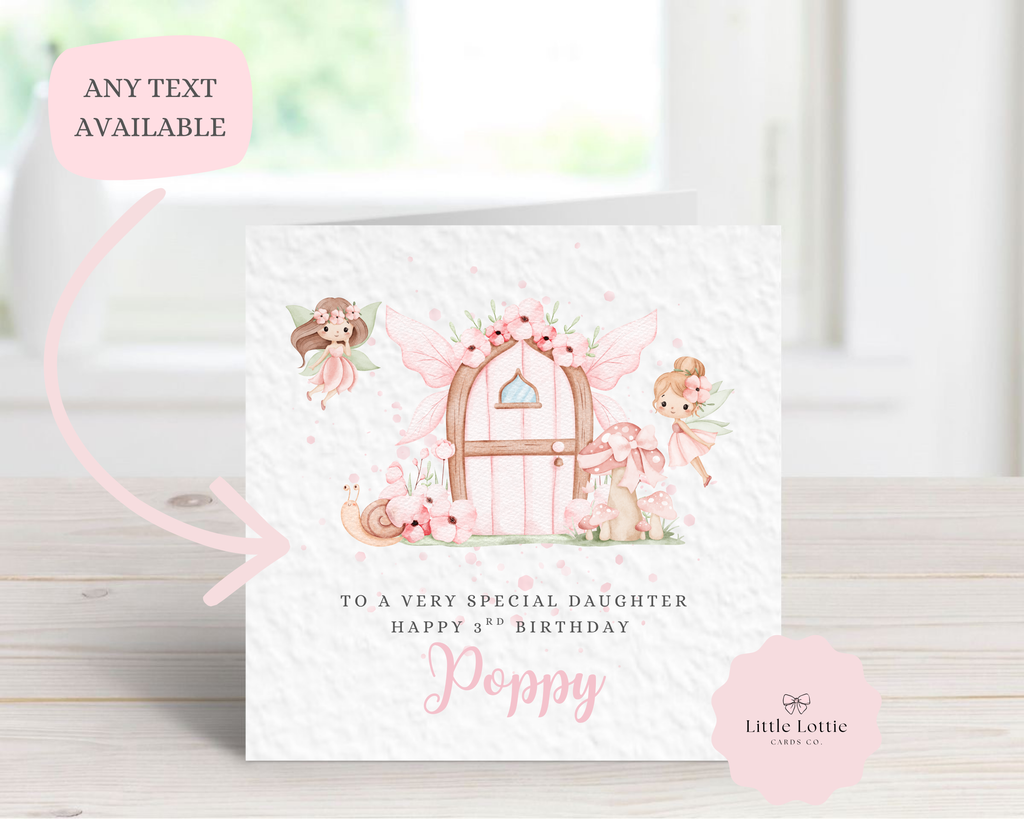 Personalised Fairy Garden Birthday Card - Watercolour Fairies & Toadstool House