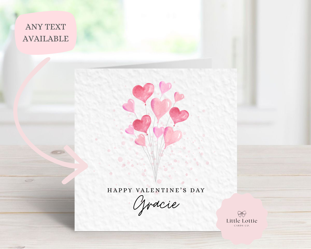 Personalised Valentine's Day Card - Any Name - Luxury Pink Watercolor Heart Balloon Illustration - Custom "Happy Valentine's Day" or Birthday Card - Large 6" Square