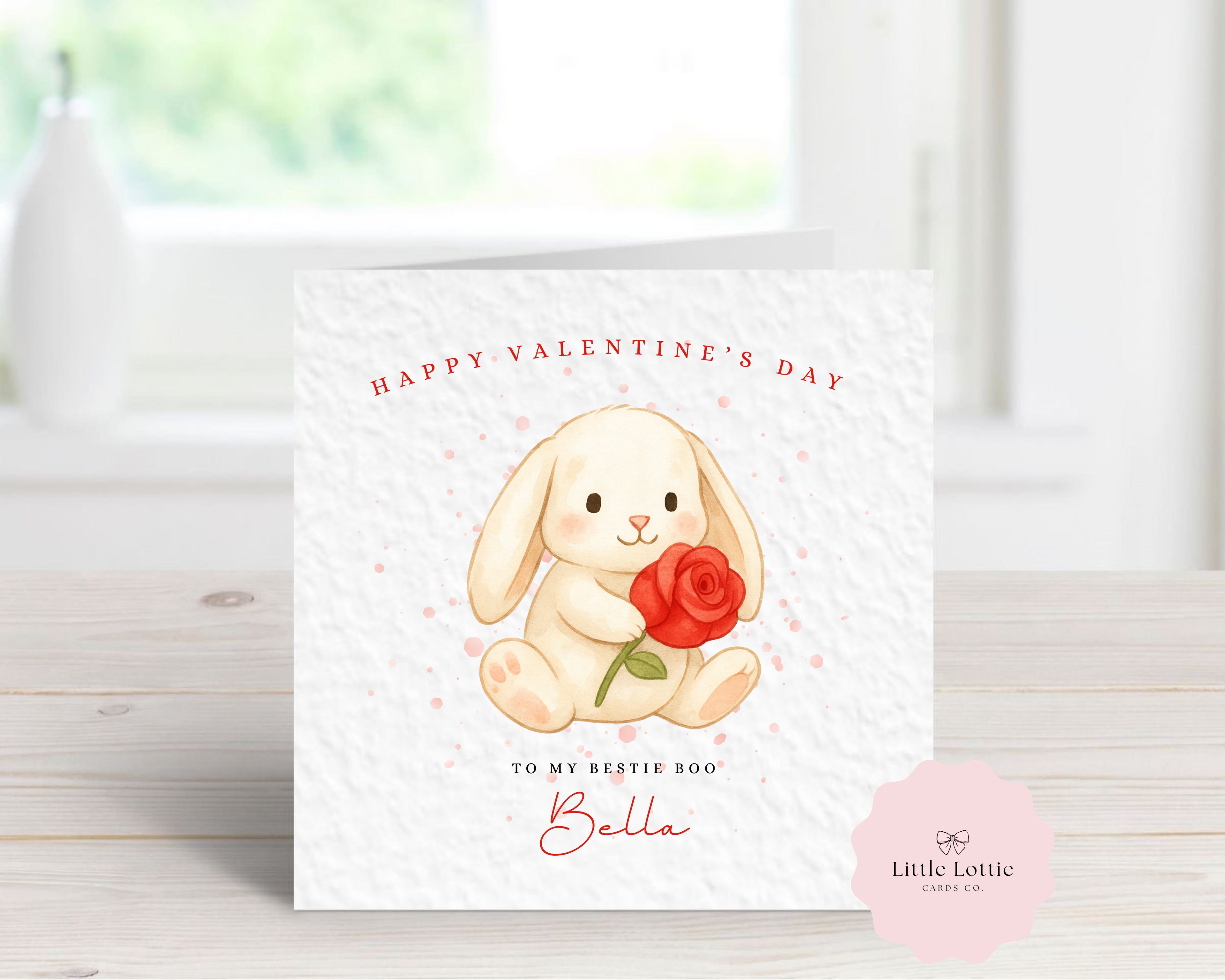 Personalised Valentine's Day Card - Any Name & Relation - Cute Watercolor Bunny with Red Rose Illustration - Custom "To My Bestie Boo" or Partner Card - Large 6" Square