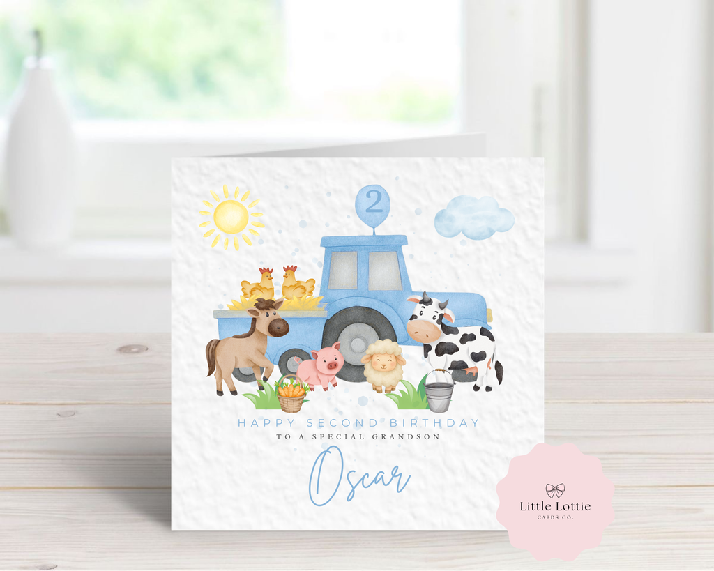 Personalised Blue Farm Tractor Birthday Card - Any Age & Name - Cute Watercolor Farm Animals Illustration - Custom Birthday Card for Son, Grandson, Nephew - Large 6" Square