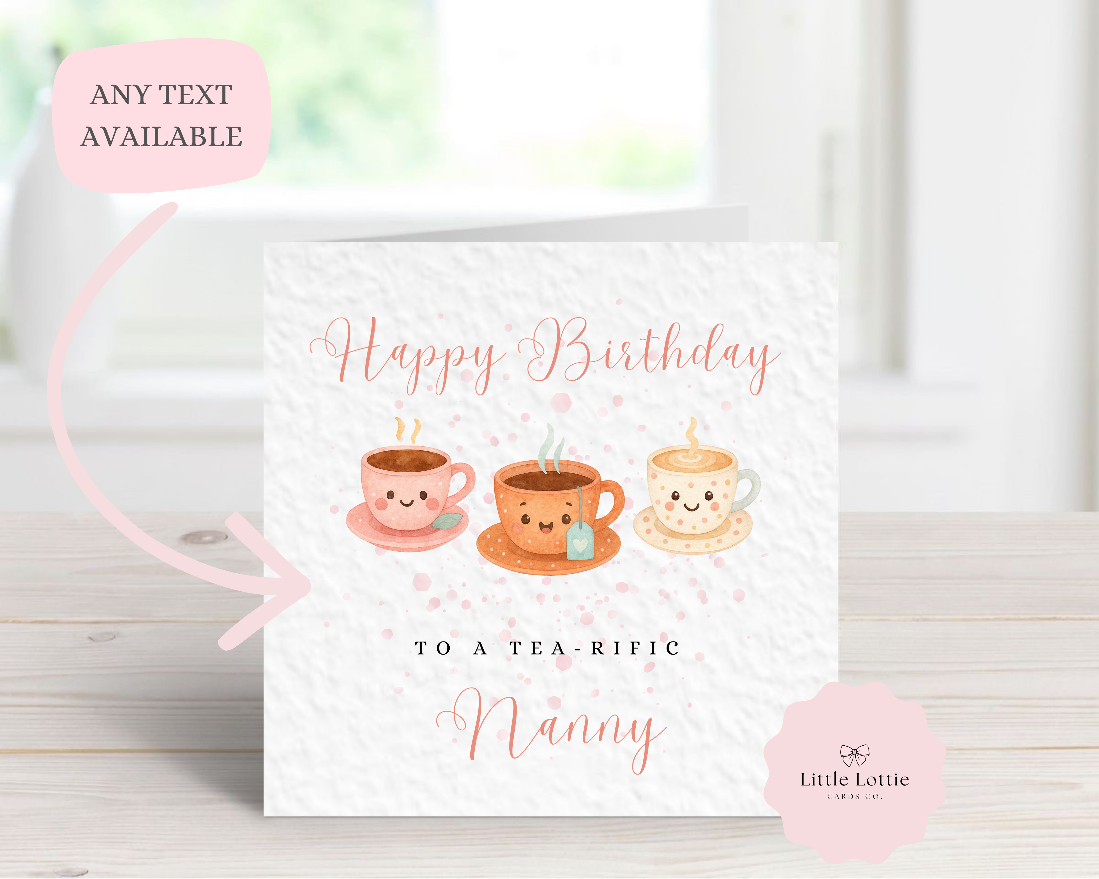 Personalised Birthday Card - "Tea-rific" Tea Cup Illustration - Any Name & Relation - Custom Card for Nanny, Mum, Grandma or Friend - Cute Watercolor Puns