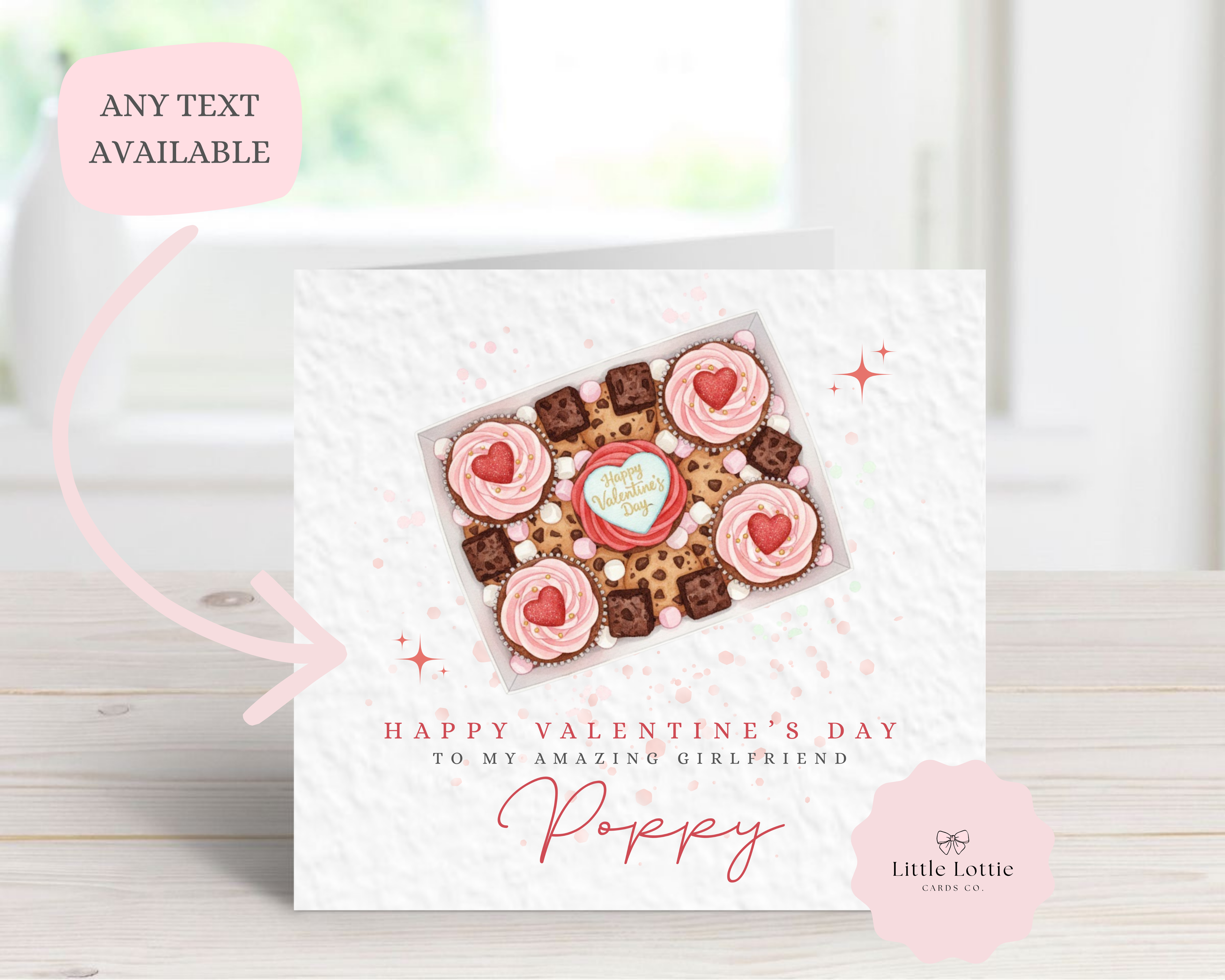 Personalised Valentine’s Day Card - Any Name & Relation - Sweet Treat Dessert Box Illustration - Custom Card for Girlfriend, Wife or Fiancée
