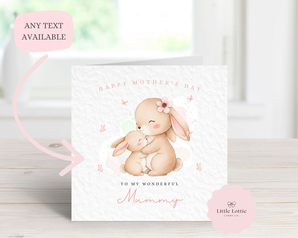Personalised Mother’s Day Card - Any Name & Relation - Cute Watercolor Bunny Rabbit & Baby Illustration - Custom Card for Mummy, Nanny, Grandma or First Mother's Day