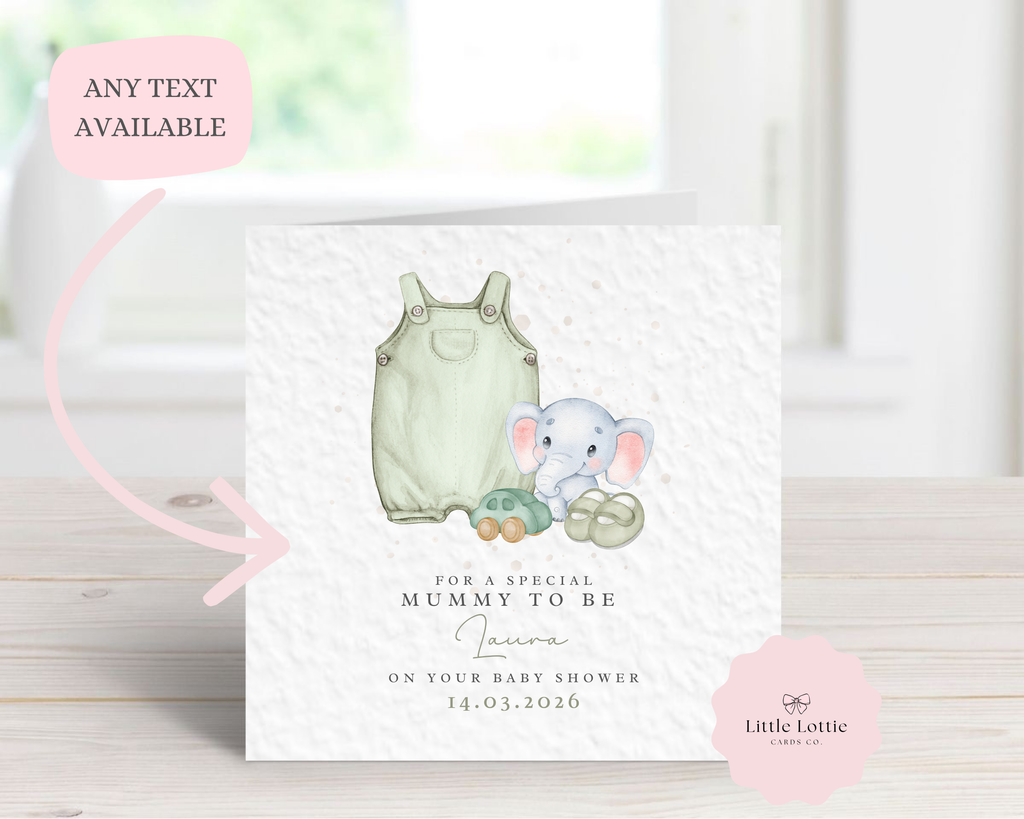 Personalised Mummy to Be Baby Shower Card - Any Name, Date & Relation - Cute Elephant & Sage Green Dungarees - Custom New Baby Card