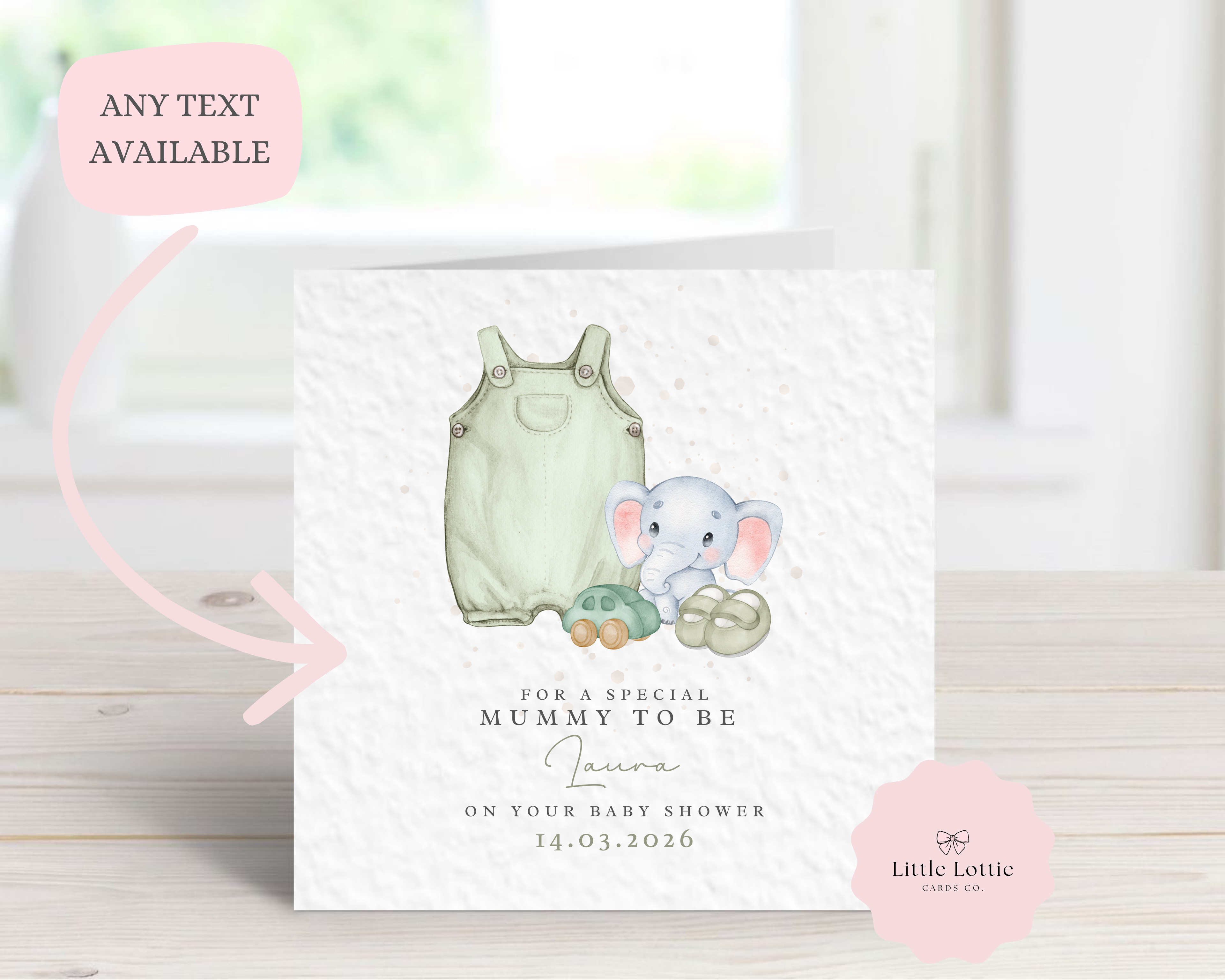 Personalised Mummy to Be Baby Shower Card - Any Name, Date & Relation - Cute Elephant & Sage Green Dungarees - Custom New Baby Card