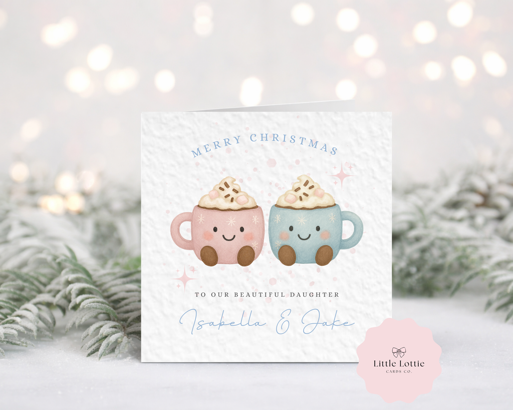 Personalised Christmas Card - Cute Hot Cocoa Mugs Character