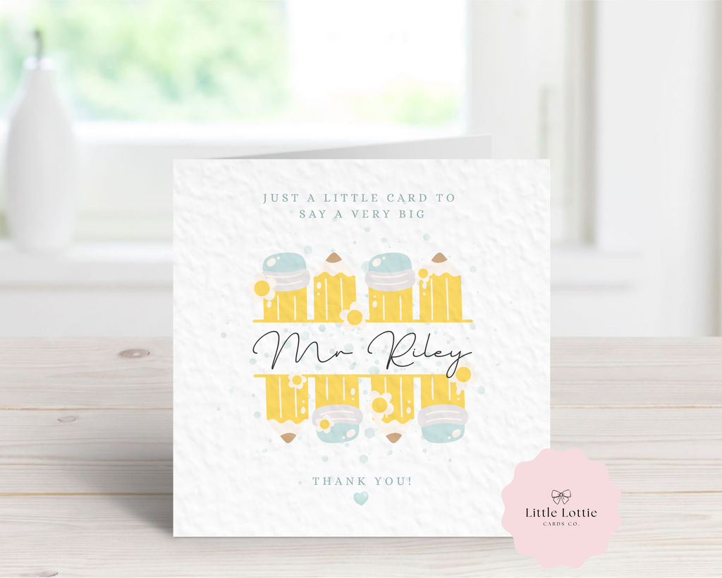 Personalised Teacher Thank You Card - Blue & Yellow Pencil Row Design