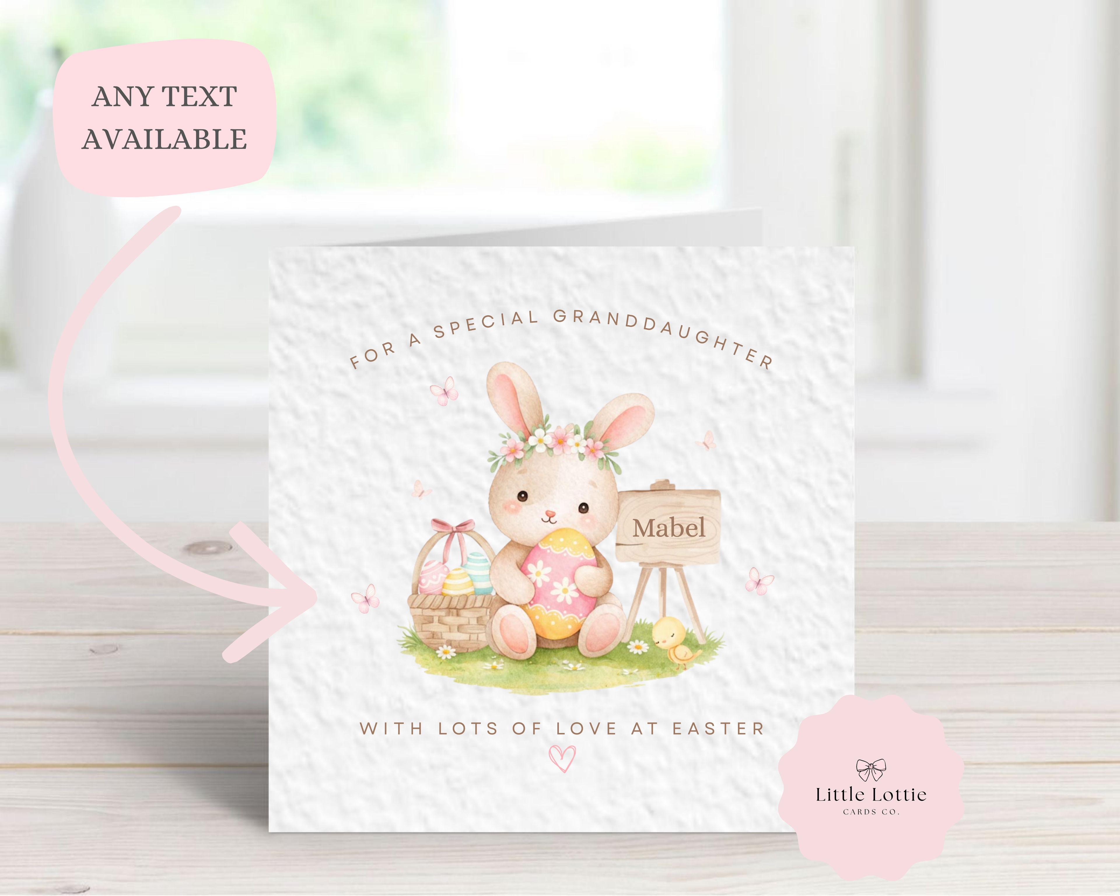 Personalised Easter Card for Granddaughter, Daughter or Niece - Any Name & Relation - Cute Watercolor Bunny with Flower Crown - Custom Girls Easter Card
