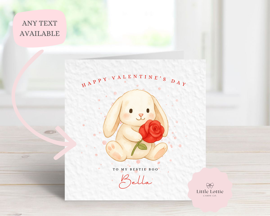 Personalised Valentine's Day Card - Any Name & Relation - Cute Watercolor Bunny with Red Rose Illustration - Custom "To My Bestie Boo" or Partner Card - Large 6" Square