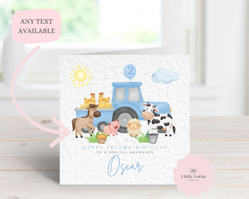 Personalised Blue Farm Tractor Birthday Card - Any Age & Name - Cute Watercolor Farm Animals Illustration - Custom Birthday Card for Son, Grandson, Nephew - Large 6" Square