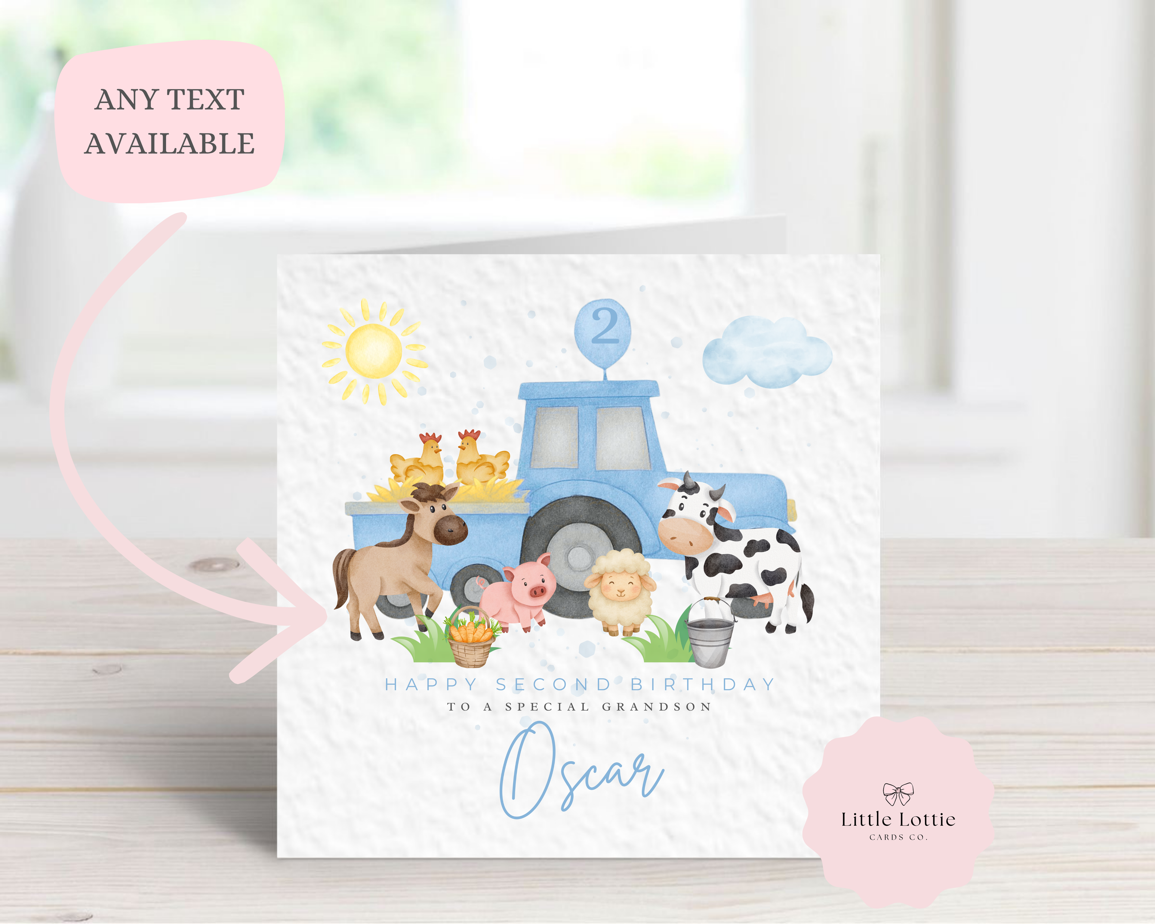 Personalised Blue Farm Tractor Birthday Card - Any Age & Name - Cute Watercolor Farm Animals Illustration - Custom Birthday Card for Son, Grandson, Nephew - Large 6" Square
