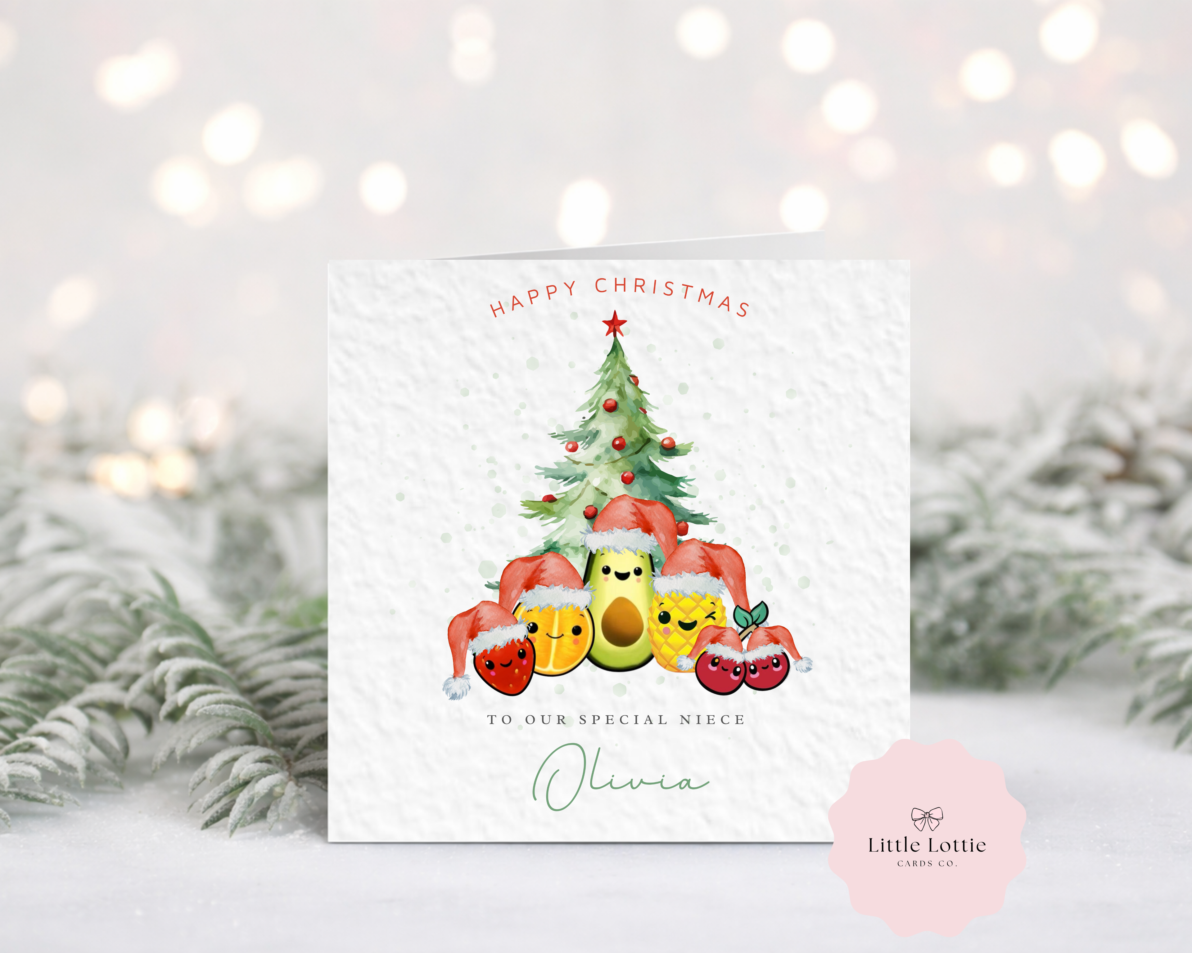 Personalised Children's Christmas Card - Cute Watercolour Festive Fruit Friends Illustration