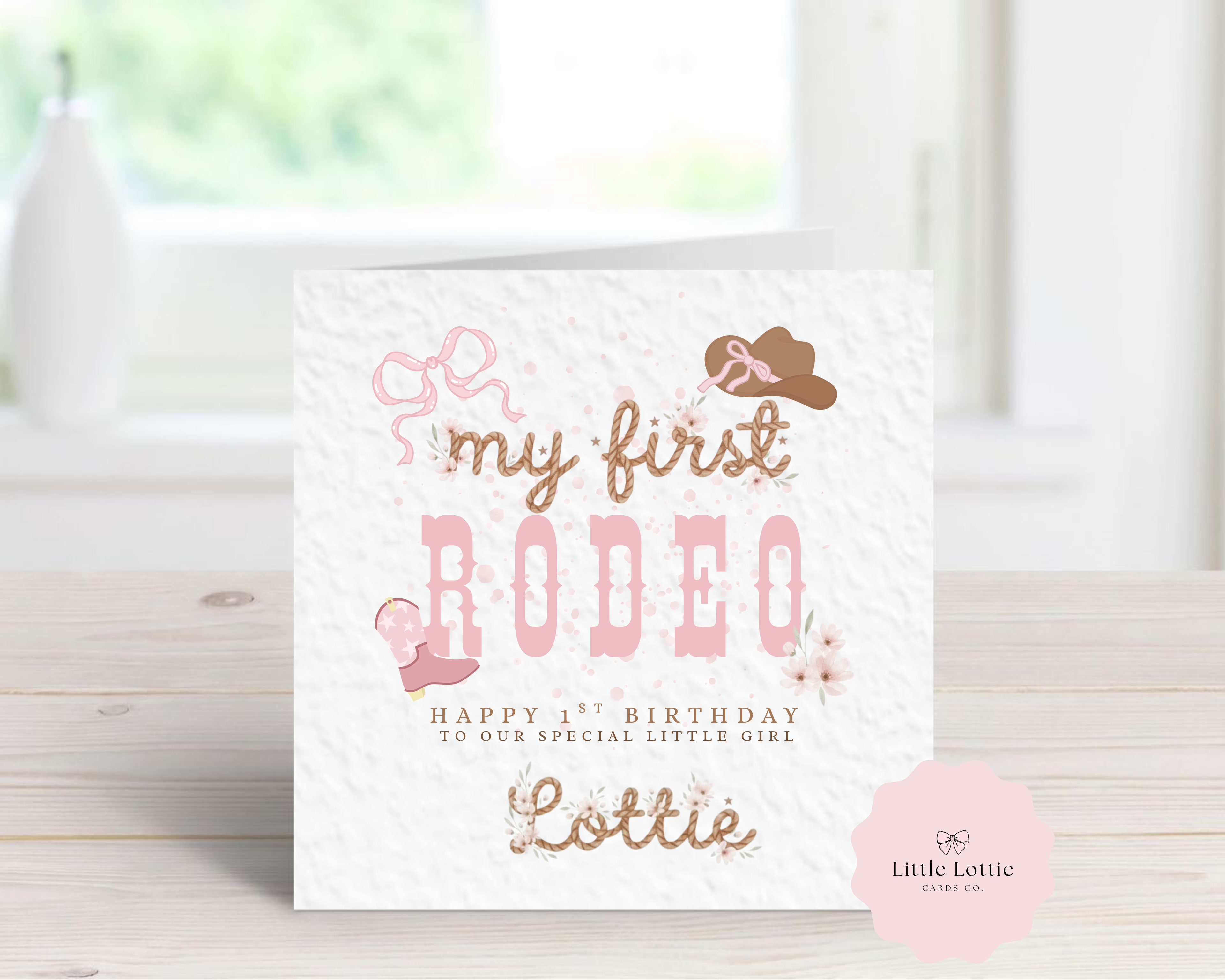 Personalised "My First Rodeo" Birthday Card - Any Name & Relation - Pink Western Cowgirl Theme with Boots and Hat - Custom 1st Birthday Card for Her - Large 6" Square