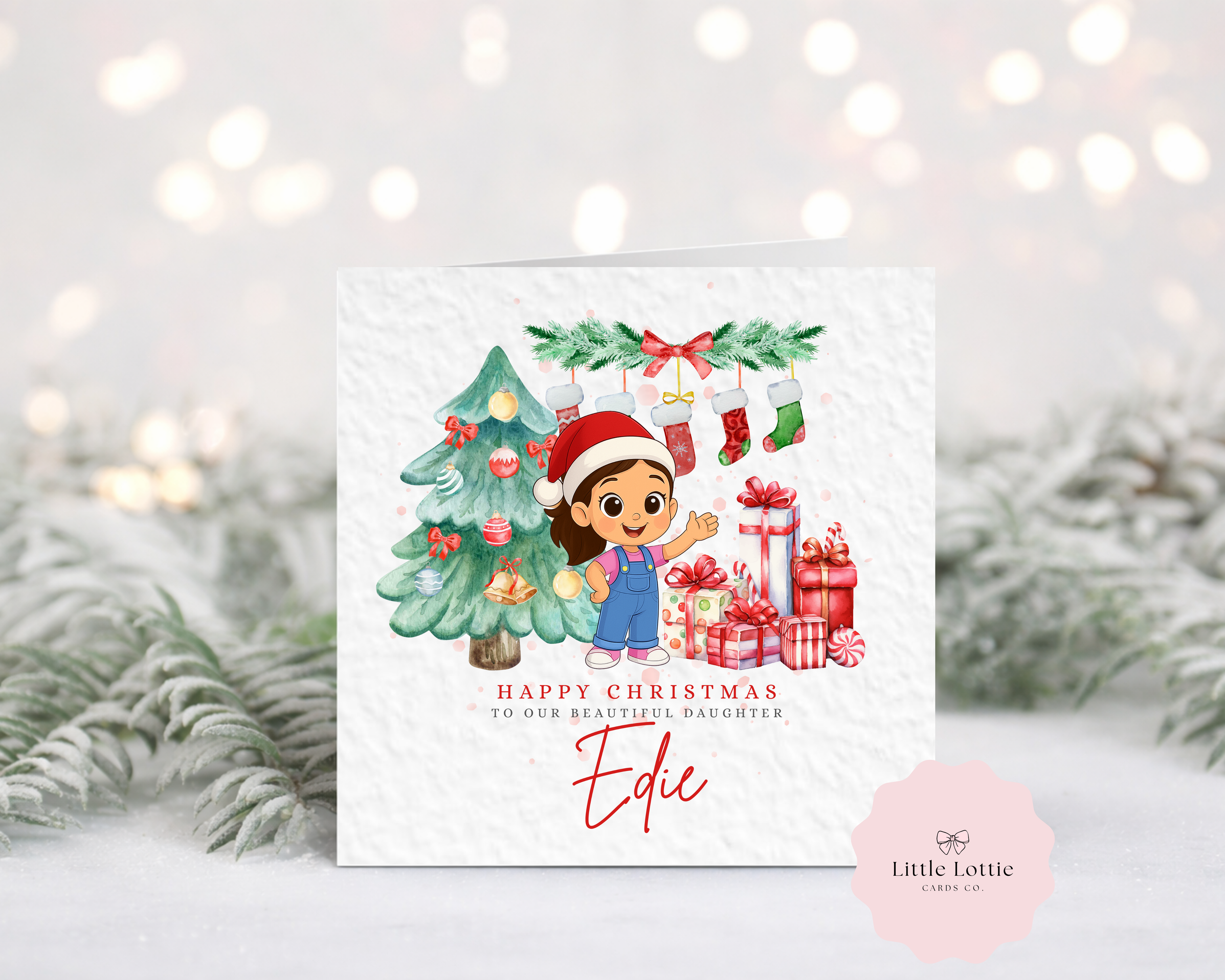 Personalised Children's Miss Rachel Christmas Card - Cute Character & Holiday Tree Illustration
