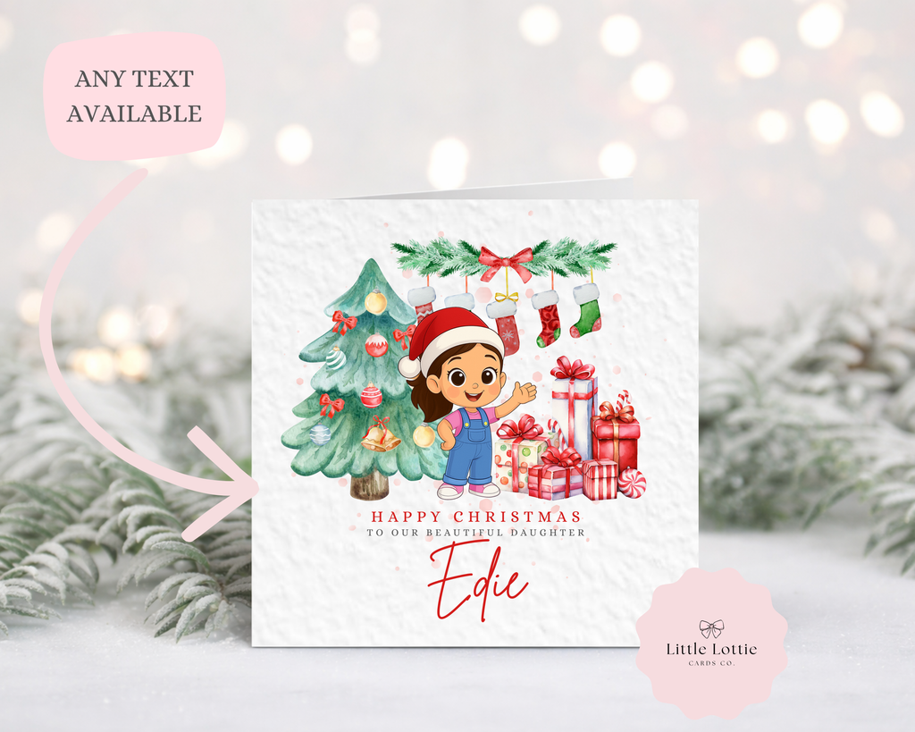 Personalised Children's Miss Rachel Christmas Card - Cute Character & Holiday Tree Illustration
