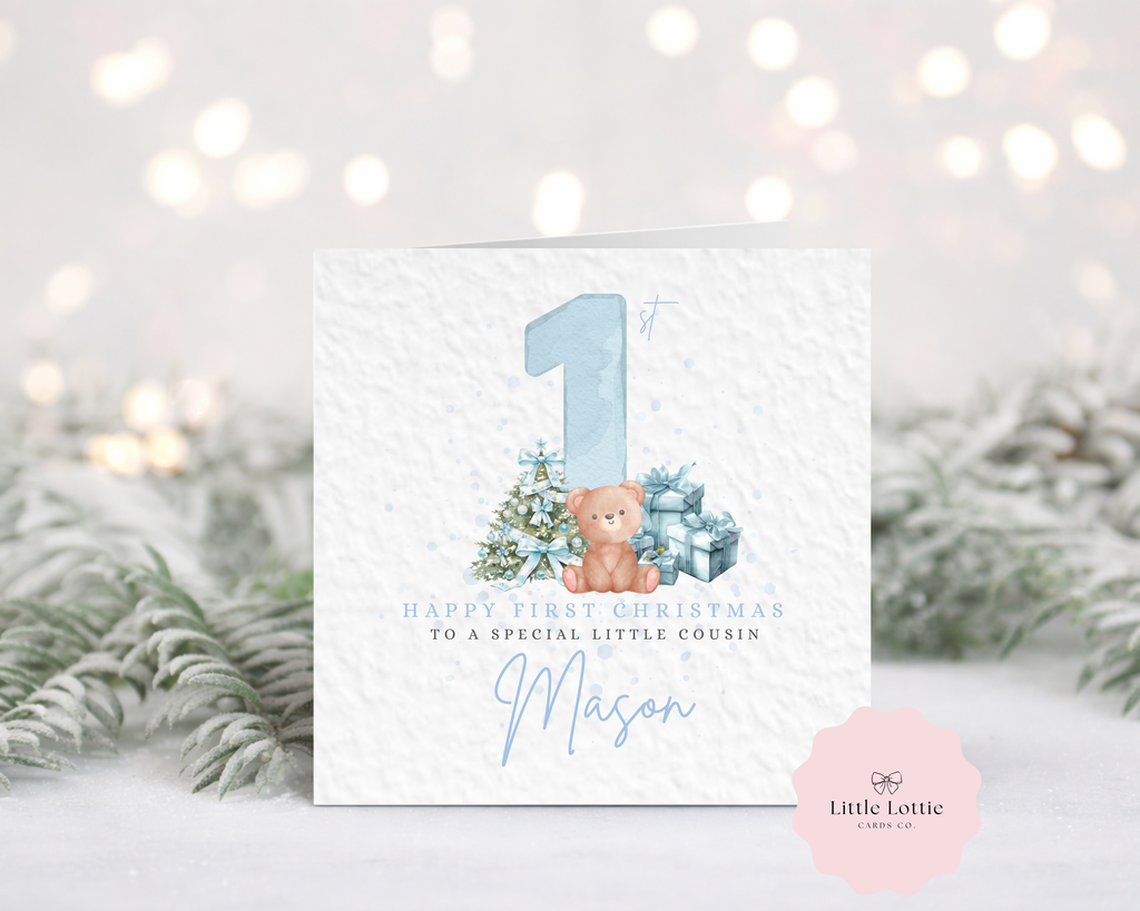 Personalised Baby's First Christmas Card - Luxury Blue Watercolour Teddy Bear & Christmas Tree Illustration