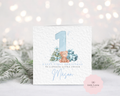Personalised Baby's First Christmas Card - Luxury Blue Watercolour Teddy Bear & Christmas Tree Illustration