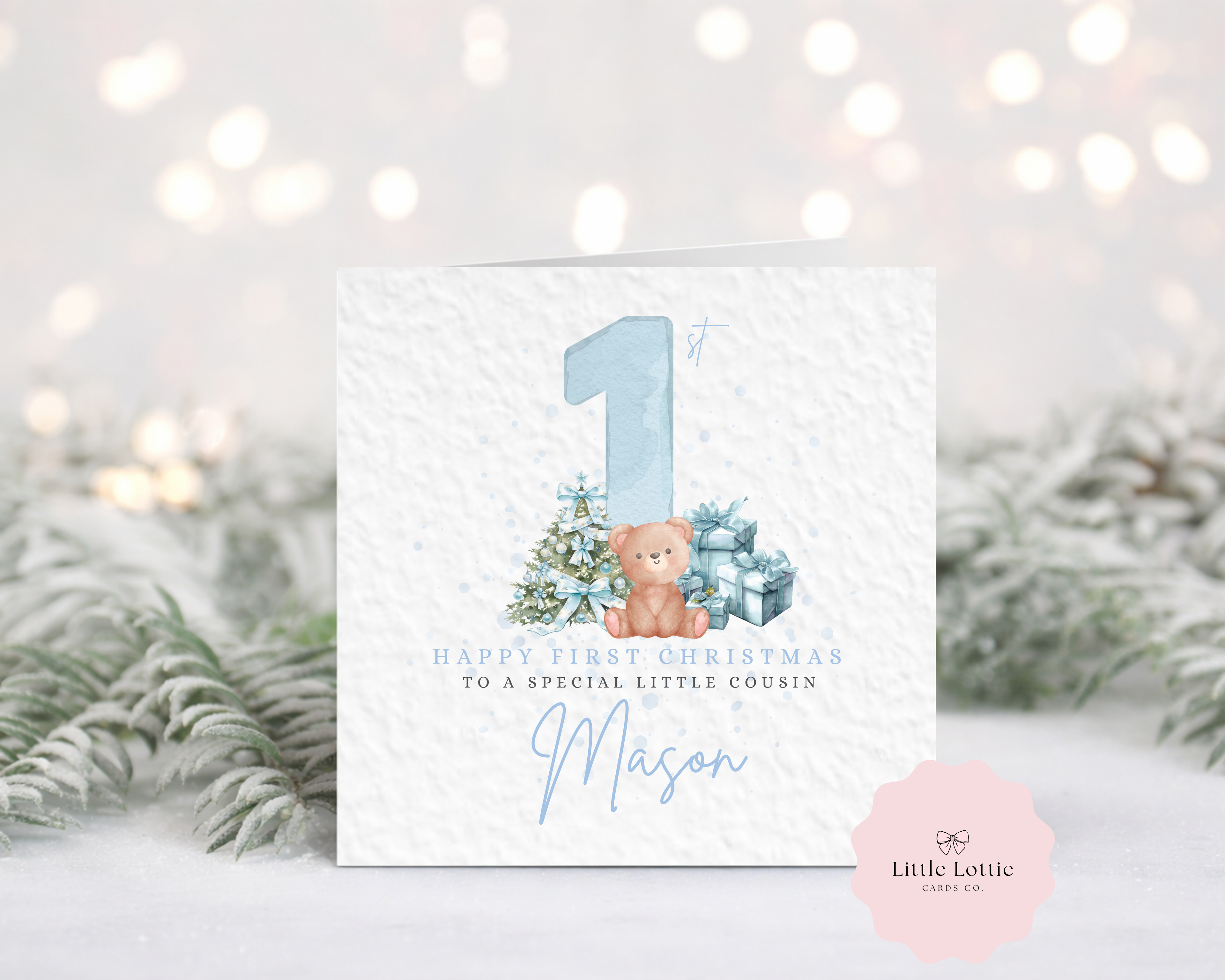 Personalised Baby's First Christmas Card - Luxury Blue Watercolour Teddy Bear & Christmas Tree Illustration