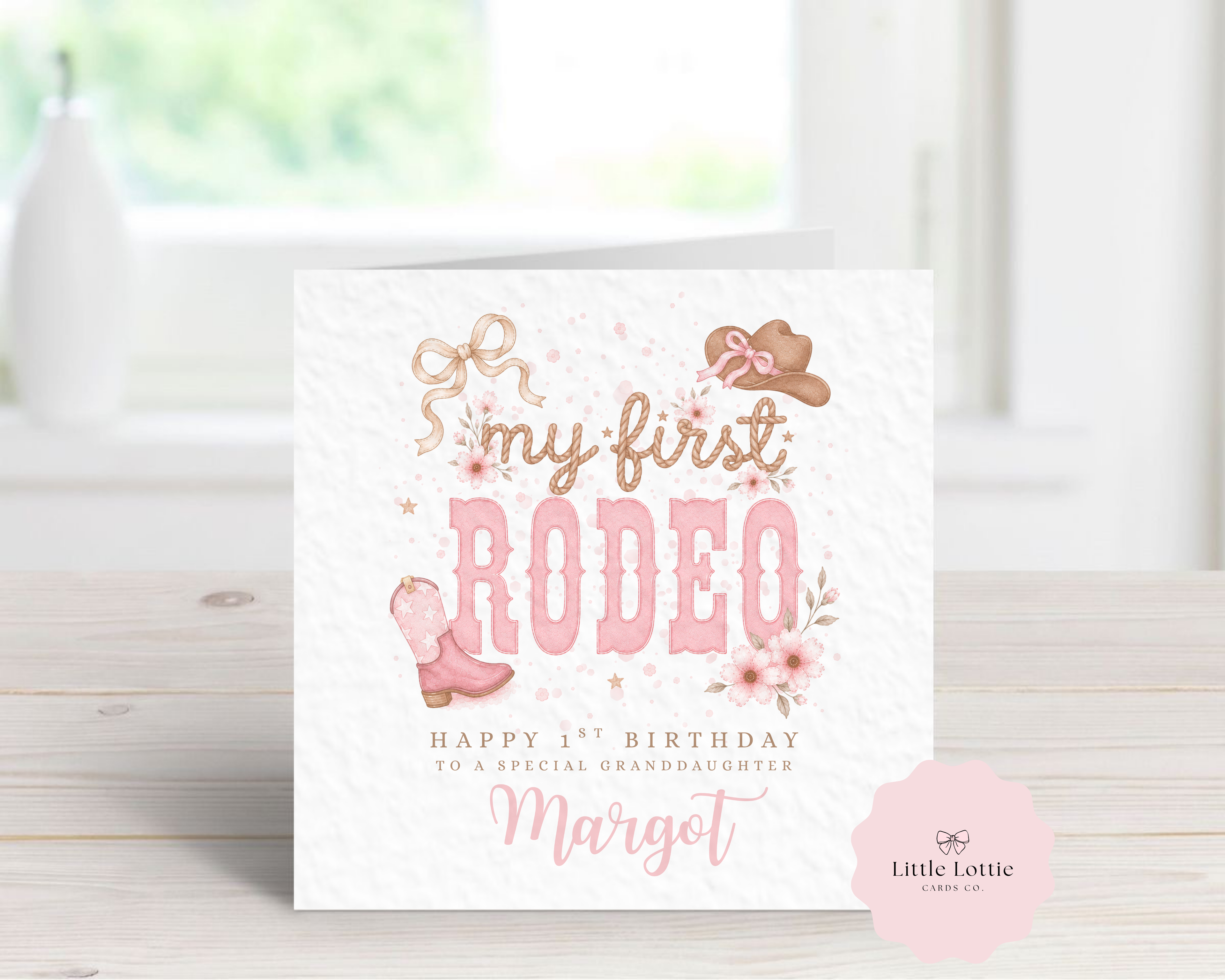 Personalised "My First Rodeo" Birthday Card - Any Name & Relation - Pink Western Cowgirl Theme with Boots and Hat - Custom 1st Birthday Card for Her - Large 6" Square