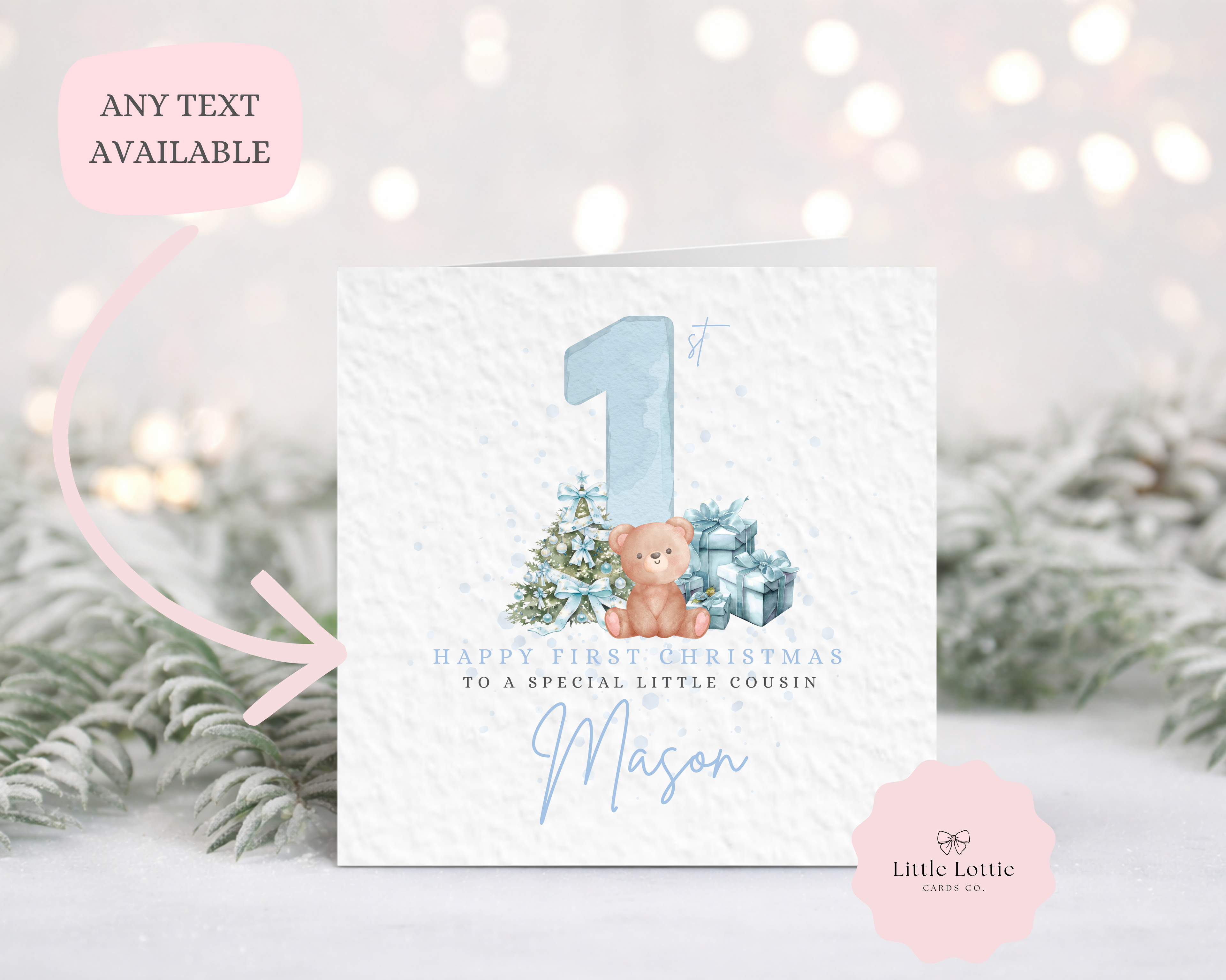 Personalised Baby's First Christmas Card - Luxury Blue Watercolour Teddy Bear & Christmas Tree Illustration