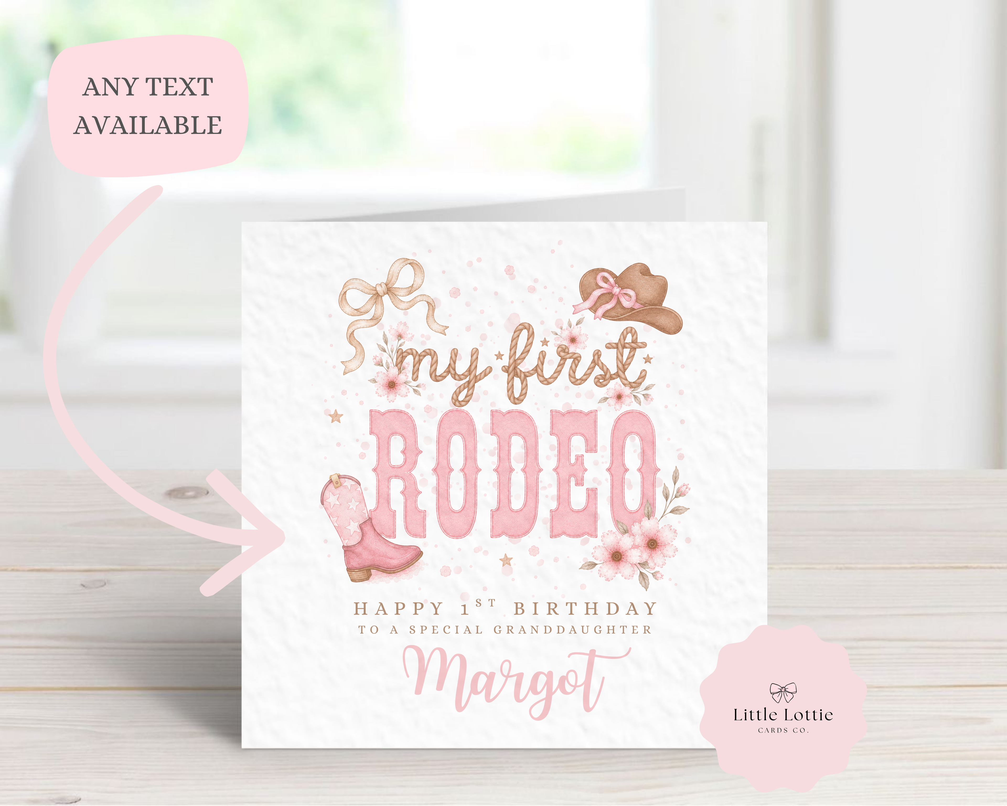 Personalised "My First Rodeo" Birthday Card - Any Name & Relation - Pink Western Cowgirl Theme with Boots and Hat - Custom 1st Birthday Card for Her - Large 6" Square