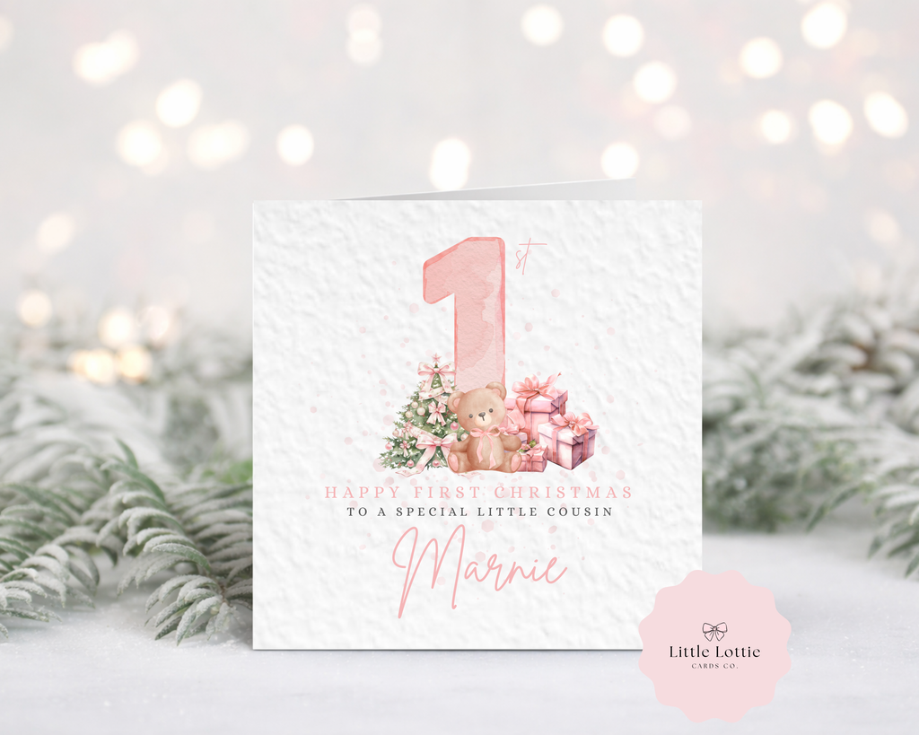Personalised Baby's First Christmas Card - Luxury Pink Watercolour Teddy Bear & Christmas Tree Illustration