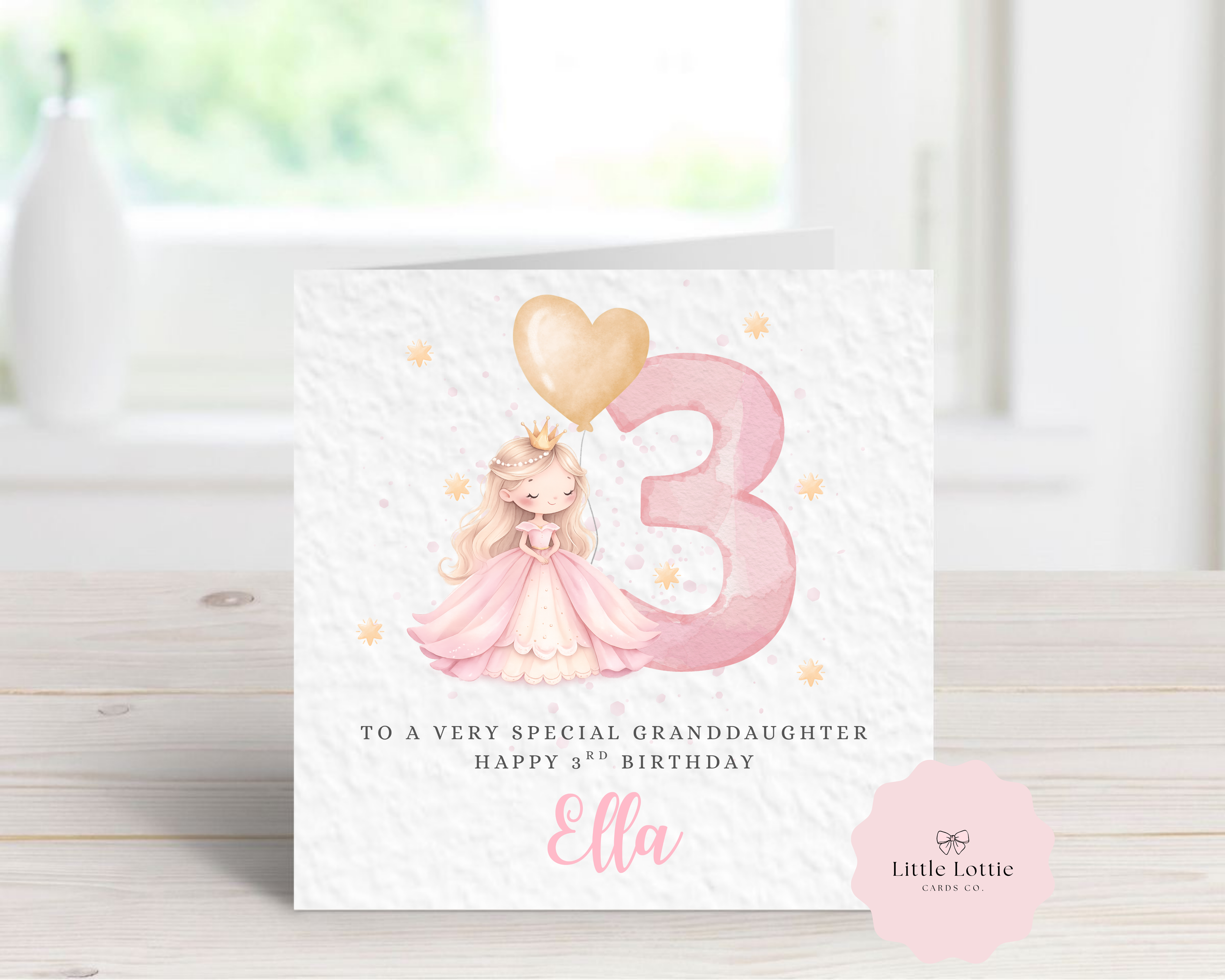 Personalised Princess Birthday Card - Cute Watercolour Princess in Pink Gown Illustration