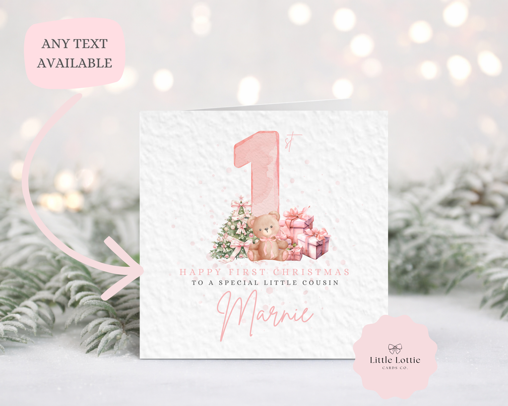 Personalised Baby's First Christmas Card - Luxury Pink Watercolour Teddy Bear & Christmas Tree Illustration