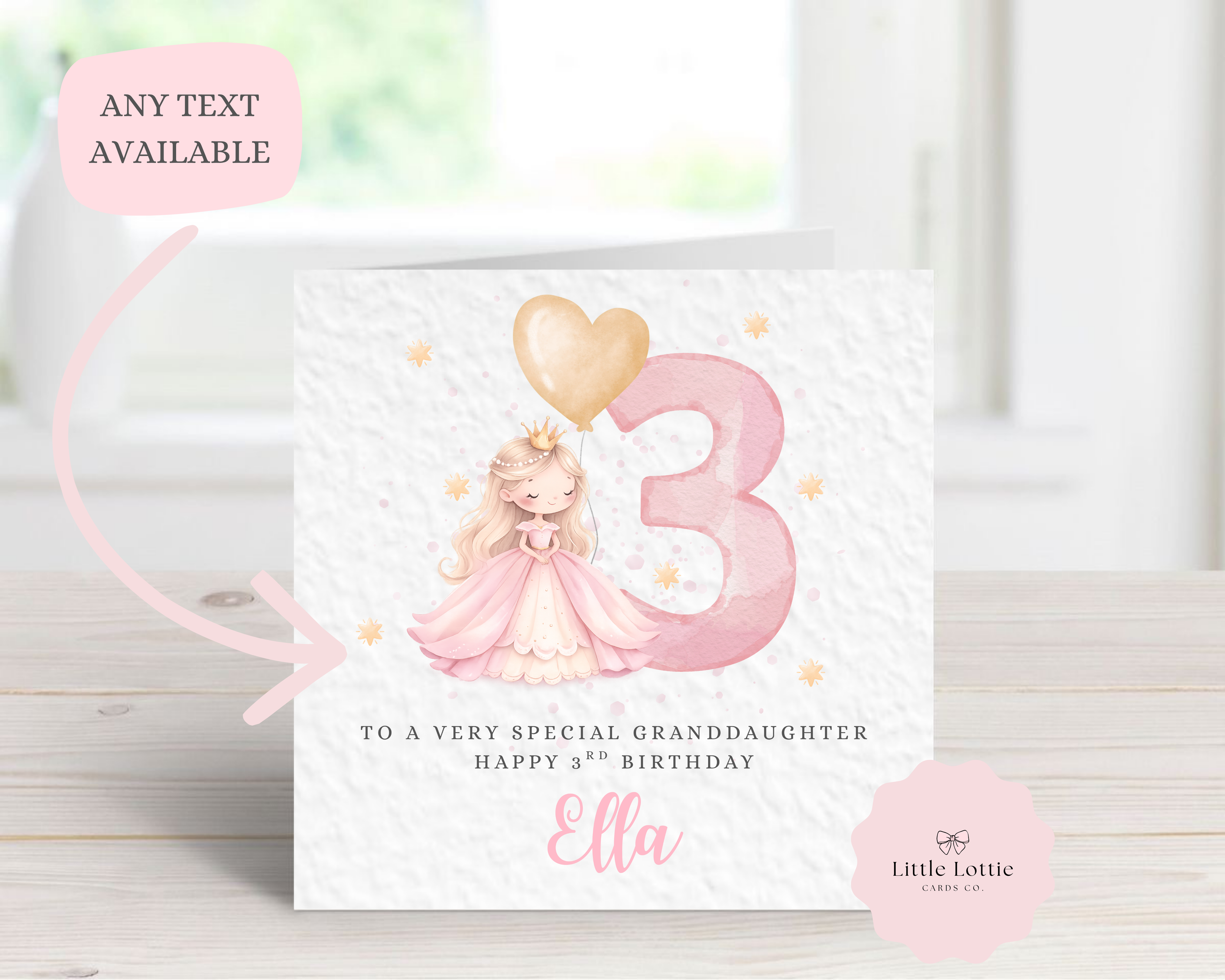 Personalised Princess Birthday Card - Cute Watercolour Princess in Pink Gown Illustration