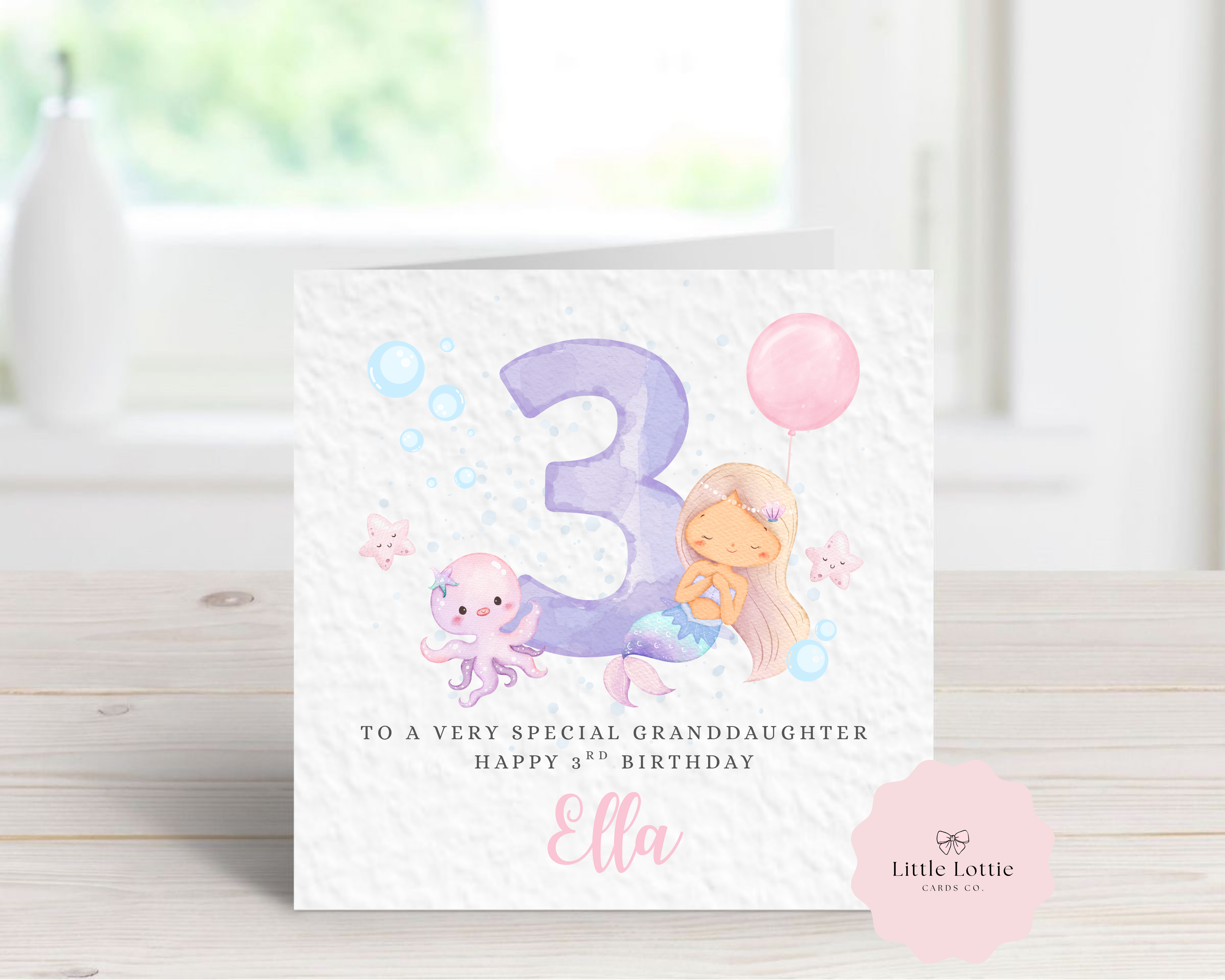 Personalised Mermaid Birthday Card - Cute Watercolour Mermaid & Octopus Illustration