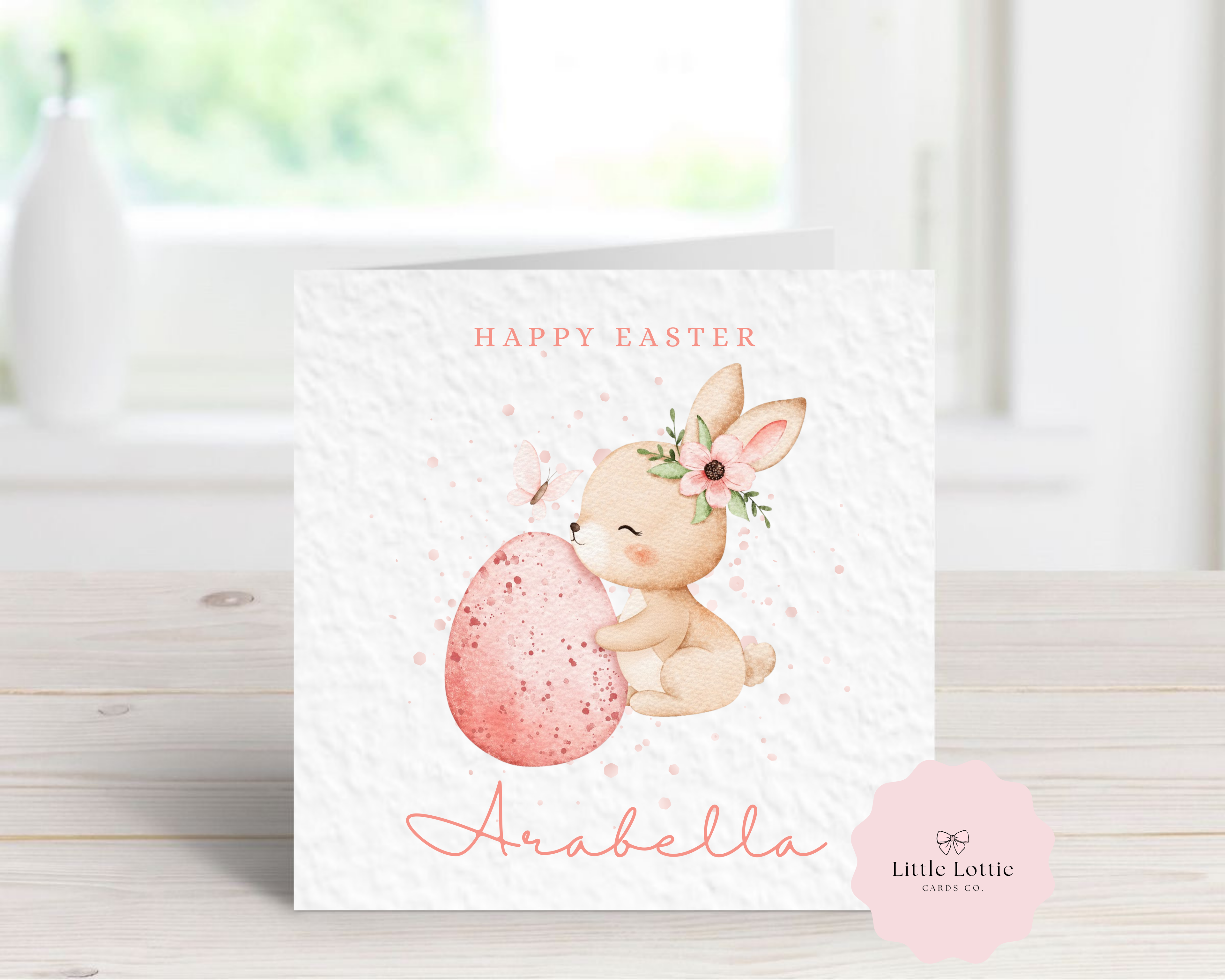 Personalised Easter Card - Cute Watercolor Bunny & Speckled Egg Illustration - Any Name - Custom Card for Son, Daughter, Grandchild or First Easter