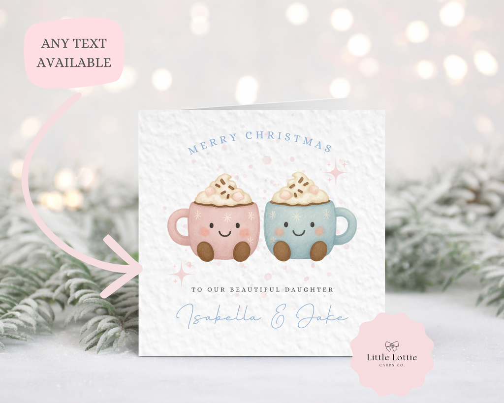 Personalised Christmas Card - Cute Hot Cocoa Mugs Character