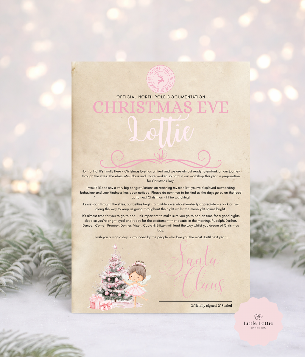 Personalised A4 Santa Letter - Pink Winter Fairy Design - Luxury Antiqued Paper