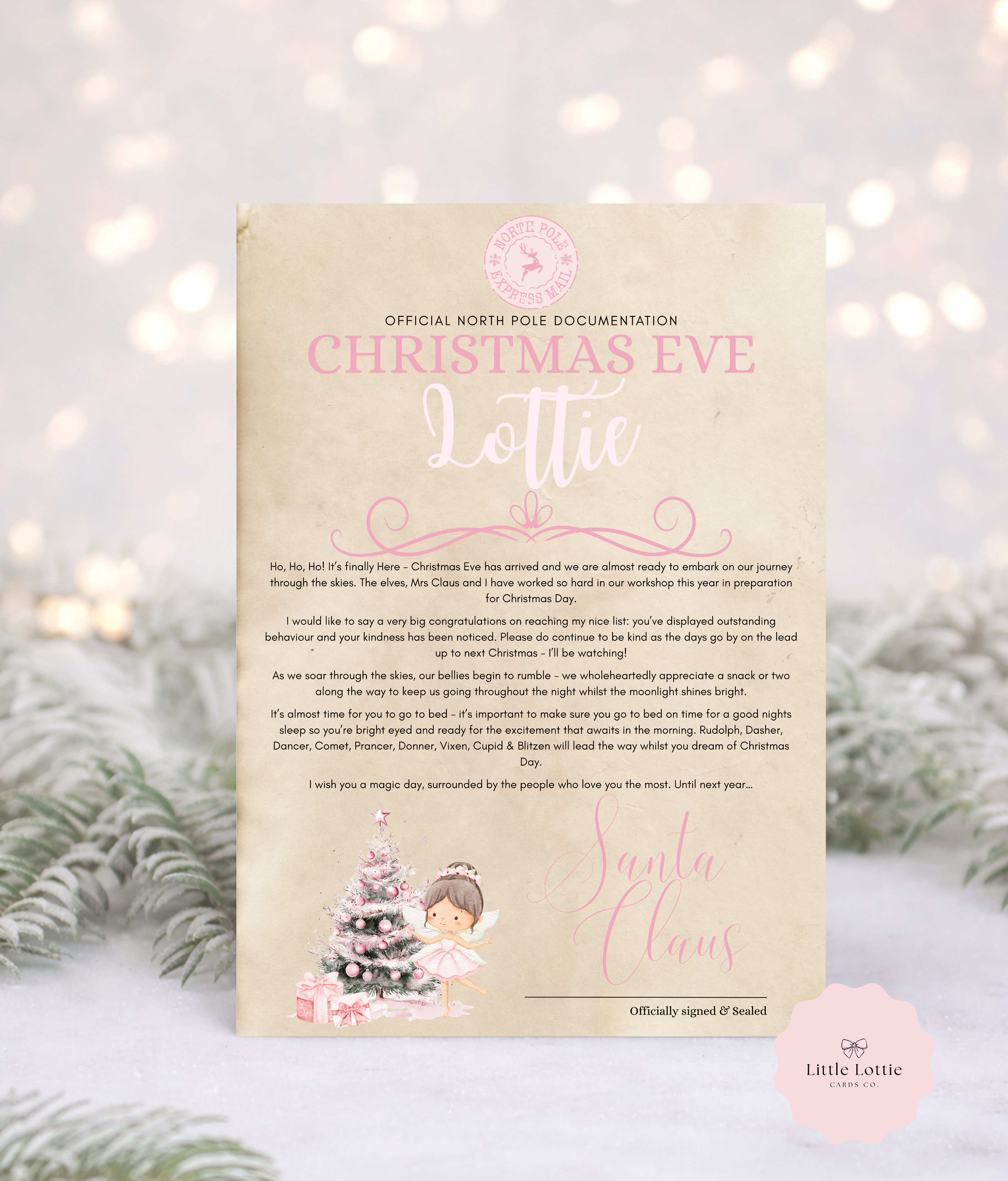 Personalised A4 Santa Letter - Pink Winter Fairy Design - Luxury Antiqued Paper