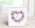 Personalised Mother’s Day Card - Purple Watercolor Tulip Heart Wreath - Custom Name & Relation - Luxury Card for Mum, Mummy, Nan or Grandma
