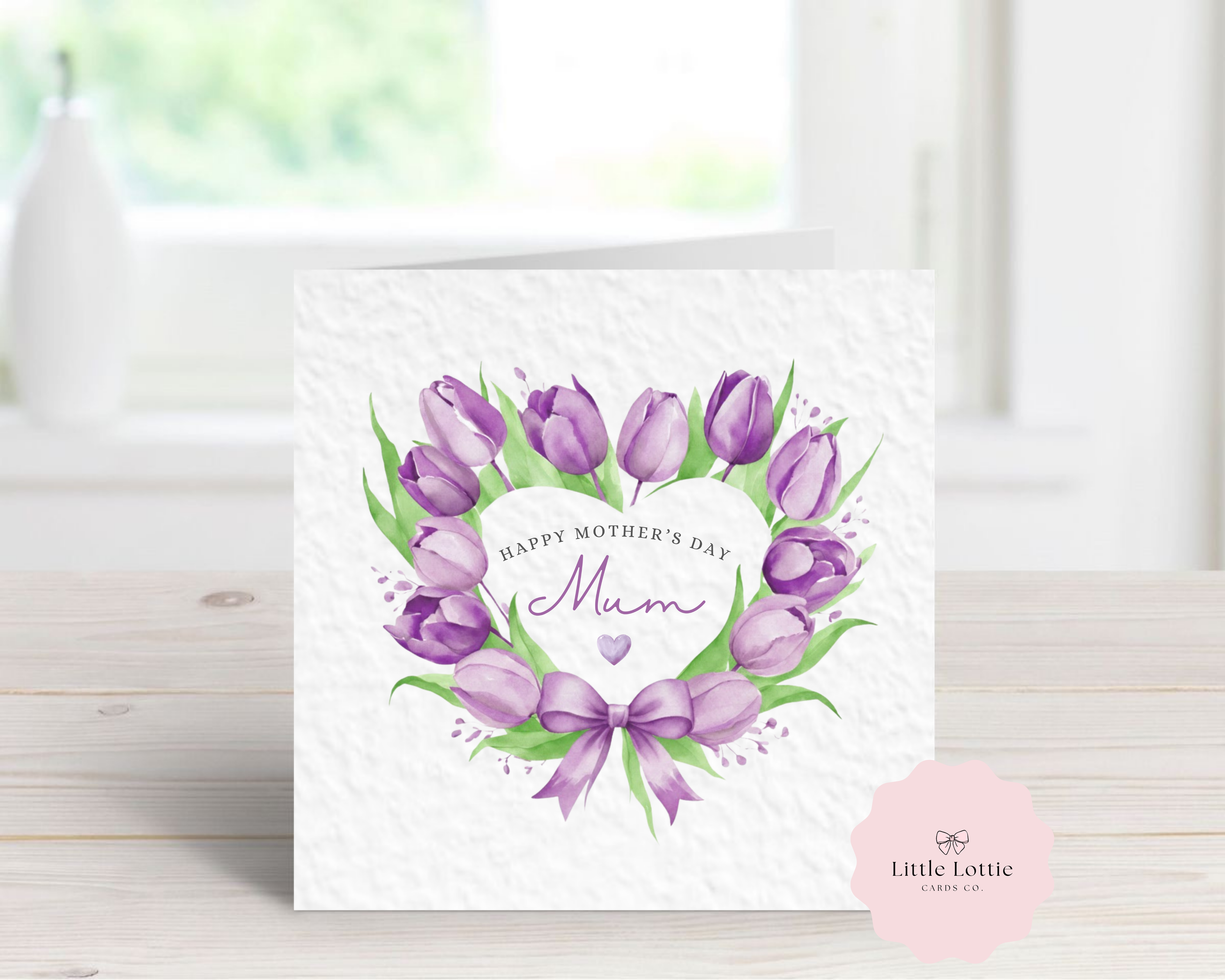 Personalised Mother’s Day Card - Purple Watercolor Tulip Heart Wreath - Custom Name & Relation - Luxury Card for Mum, Mummy, Nan or Grandma