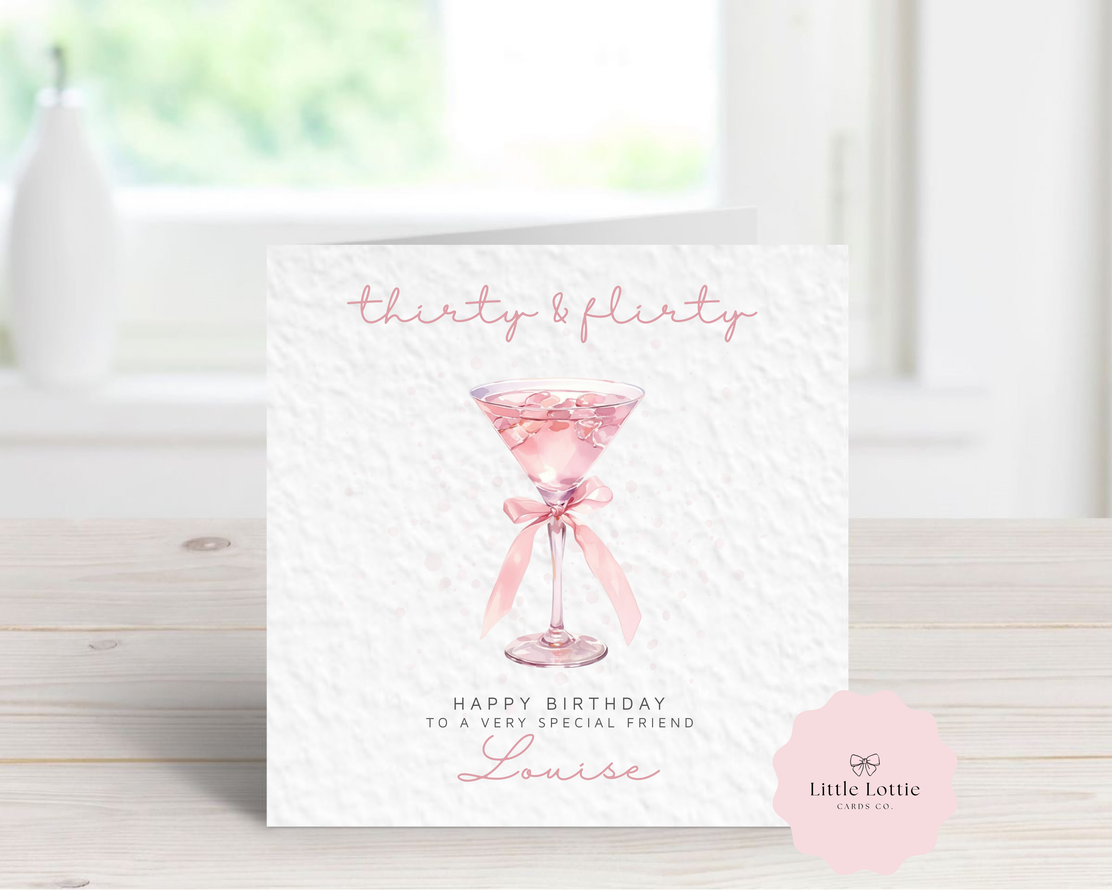 Personalised 30th Birthday Card - "Thirty & Flirty" Pink Cocktail Illustration - Custom Name & Relation - Luxury Card for Best Friend, Sister or Daughter