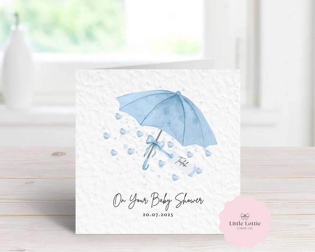 Personalised Blue Umbrella Baby Shower Card - Any Name, Date & Relation - Cute Watercolor Heart Rain Design - Custom Baby Boy Shower Card