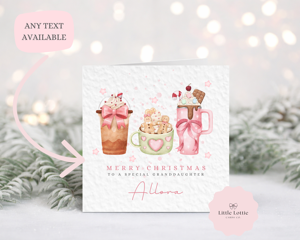 Personalised Merry Christmas Card - Luxury Pink Hot Chocolate & Gingerbread Illustration