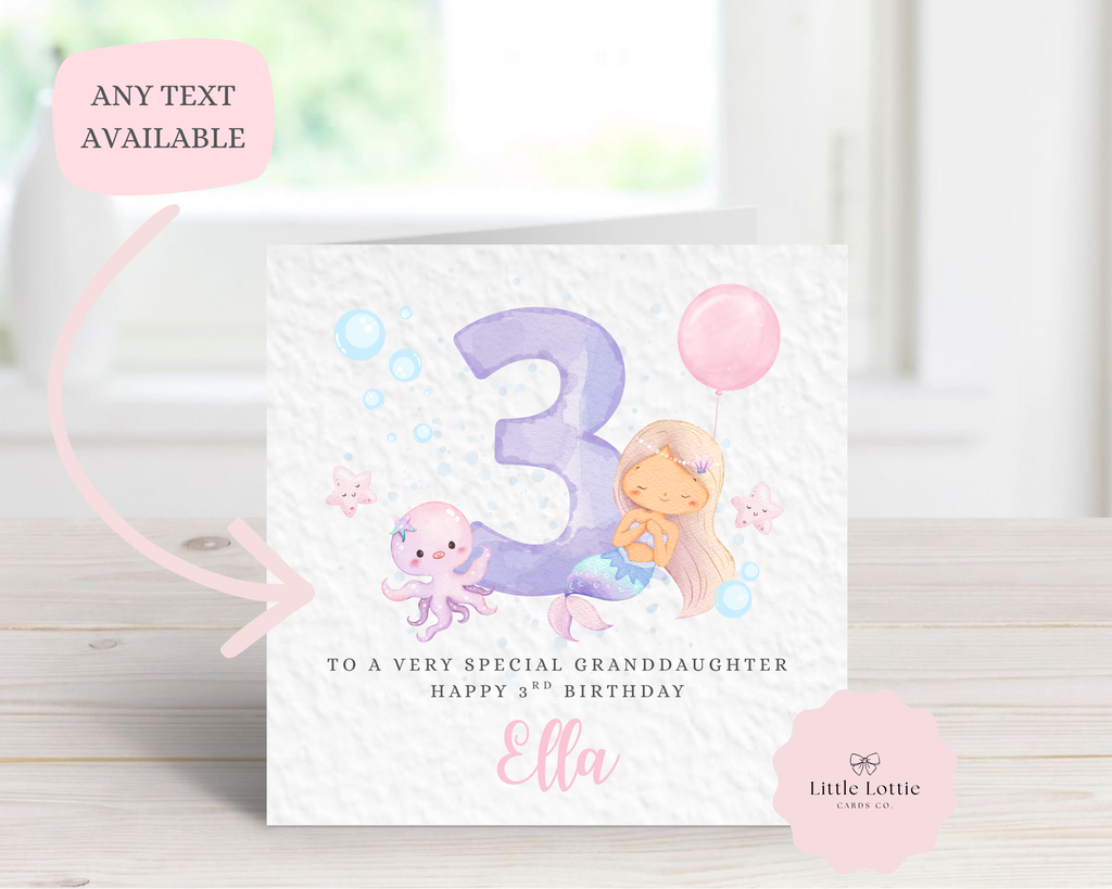 Personalised Mermaid Birthday Card - Cute Watercolour Mermaid & Octopus Illustration
