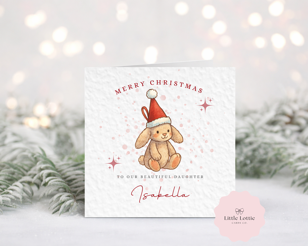 Personalised Christmas Bunny Card - Luxury Watercolour Rabbit in Santa Hat Illustration