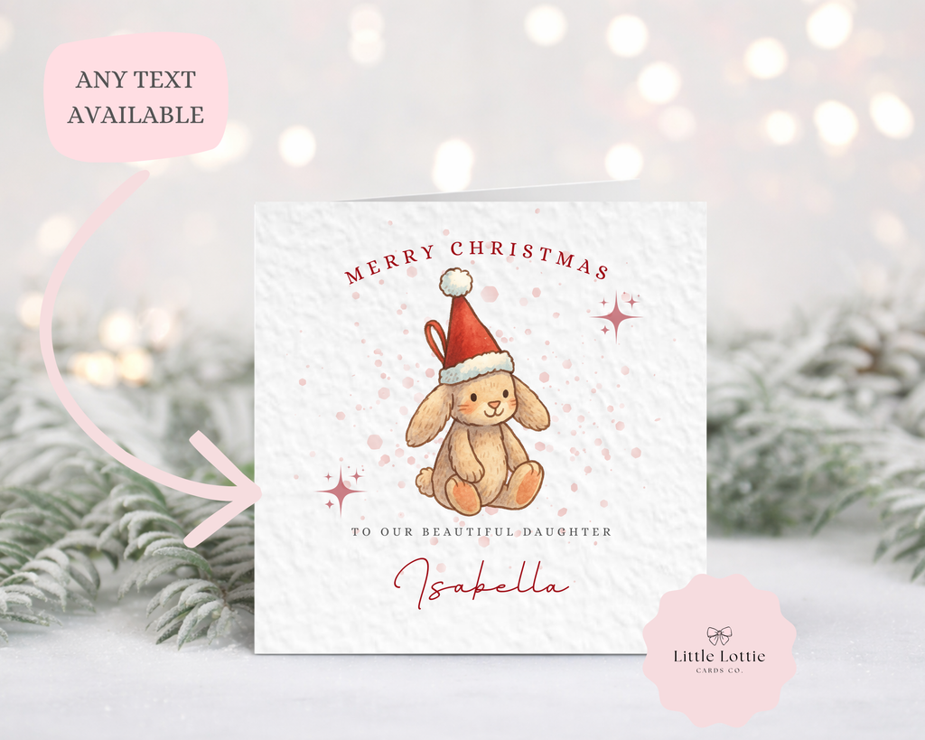 Personalised Christmas Bunny Card - Luxury Watercolour Rabbit in Santa Hat Illustration