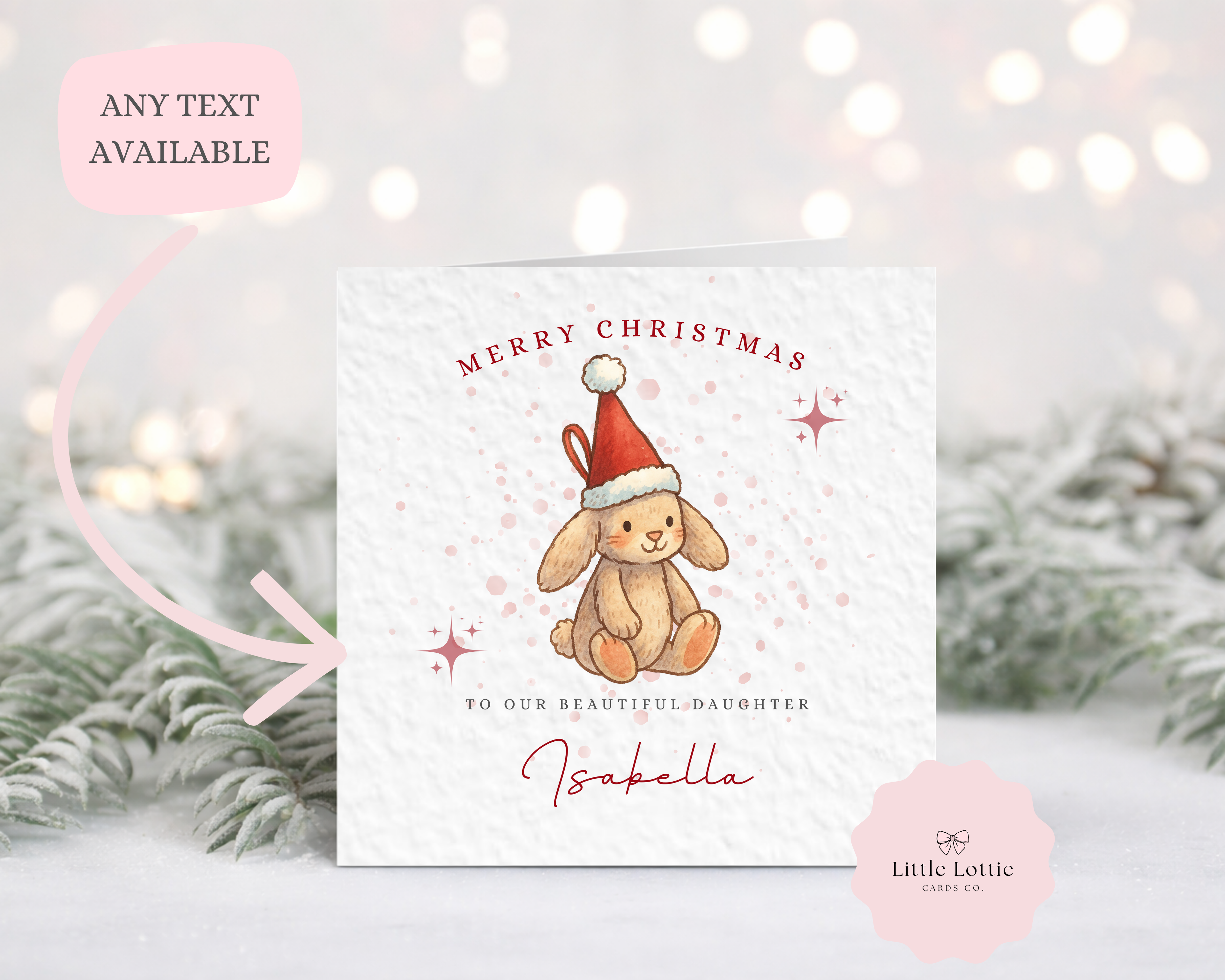 Personalised Christmas Bunny Card - Luxury Watercolour Rabbit in Santa Hat Illustration
