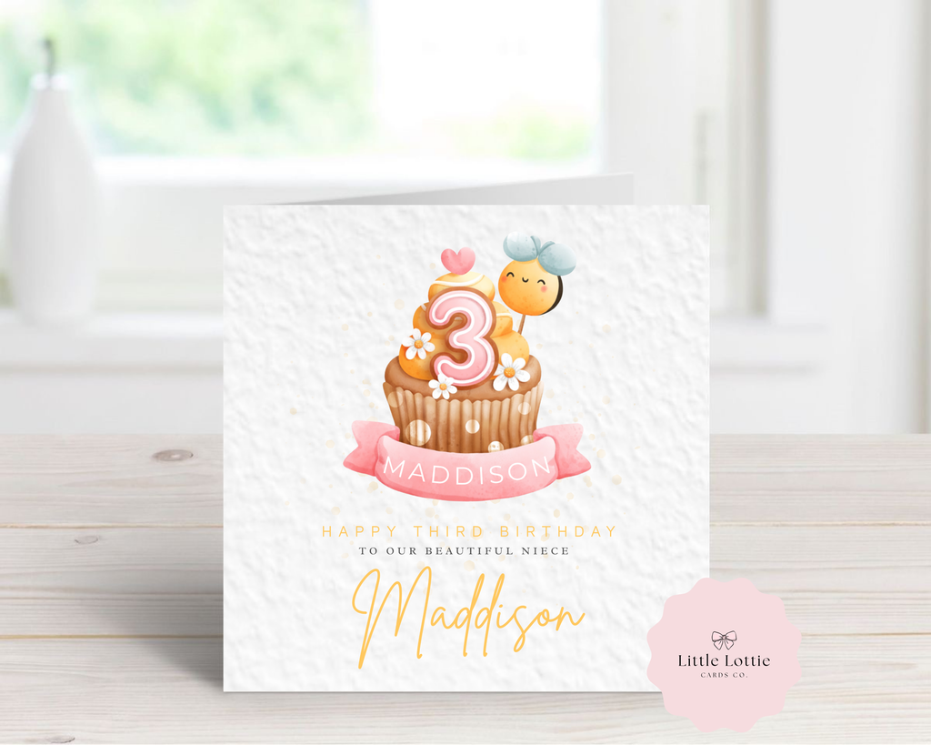 Personalised Cupcake Birthday Card - Cute Watercolour Cupcake with bee & Heart Illustration