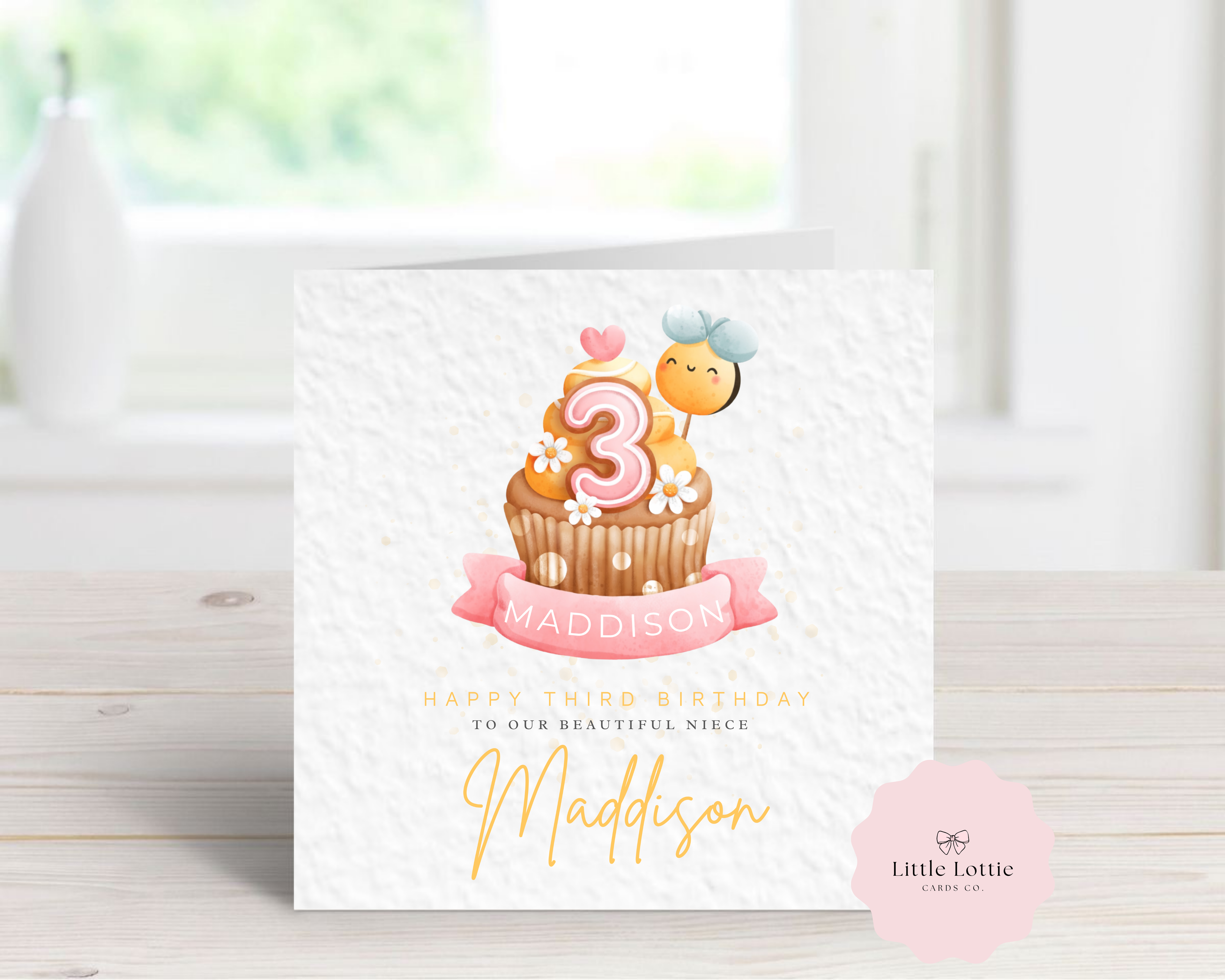 Personalised Cupcake Birthday Card - Cute Watercolour Cupcake with bee & Heart Illustration