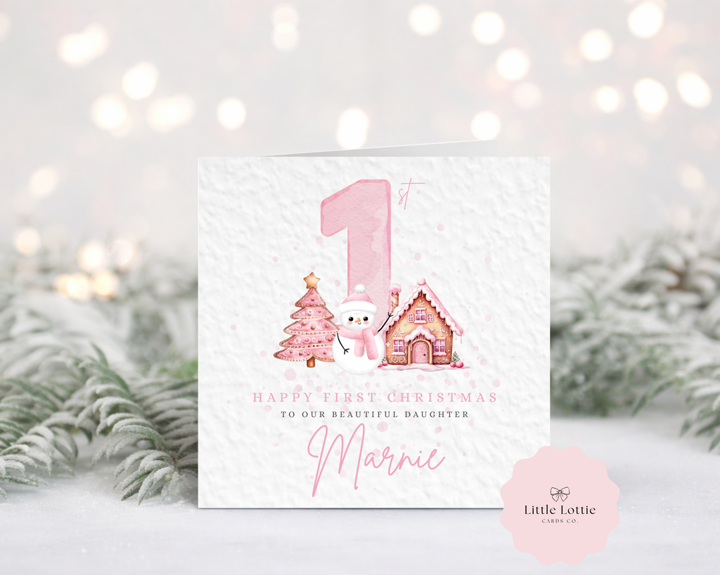 Personalised Baby Girl First Christmas Card - Watercolour Winter snowman design