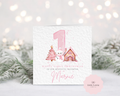 Personalised Baby Girl First Christmas Card - Watercolour Winter snowman design